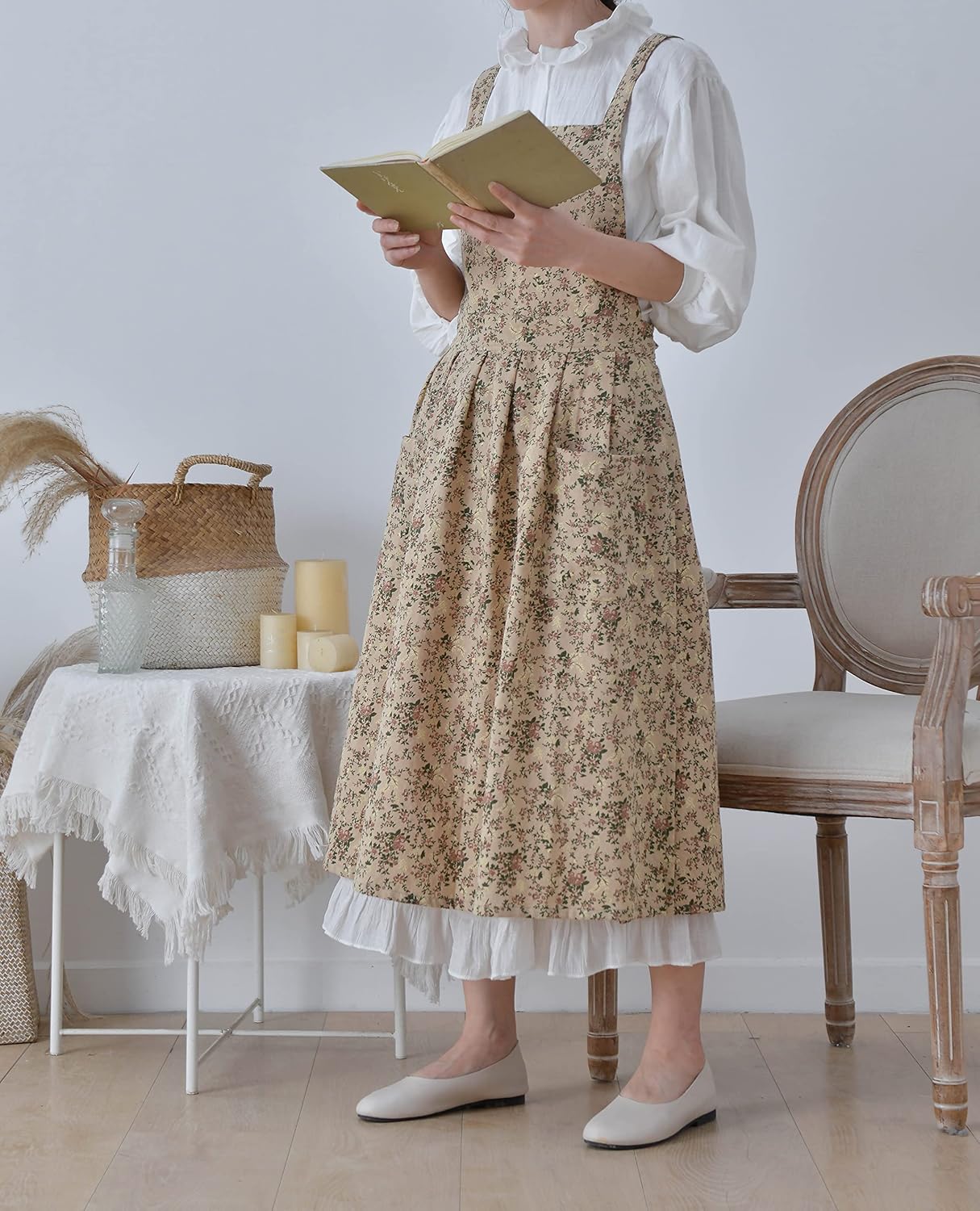 Japanese Cotton Linen Cross Back Apron with Pockets,Fashion Pinafore Dress for Gardening Painting Cleaning Cooking