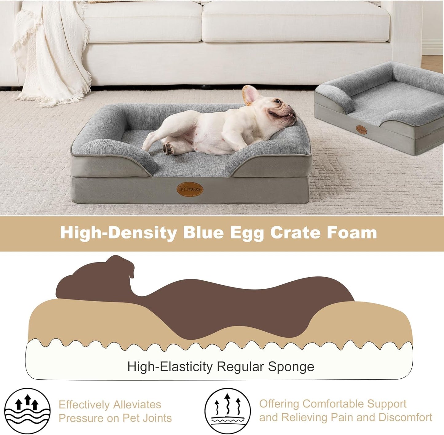 Pet Bed for Large Dogs and Cats, Waterproof Orthopedic Dog Sofa Bed, Supportive Foam Pet Couch Bed with Washable Removable Cover, Waterproof Lining and Nonskid Bottom(Medium, Grey)