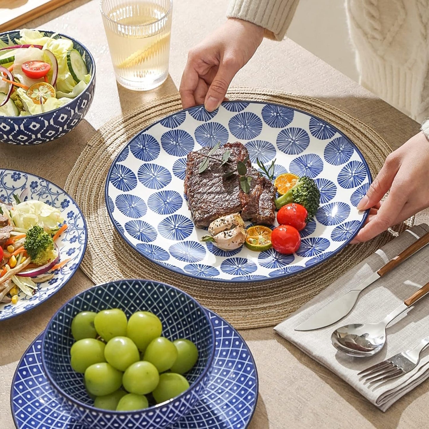 Selamica Ceramic Dinnerware Sets, 12-Pieces Plates and Bowls Sets, Scratch Resistant Dishes set for 4, Dishwasher & Microwave Safe,Vintage Blue