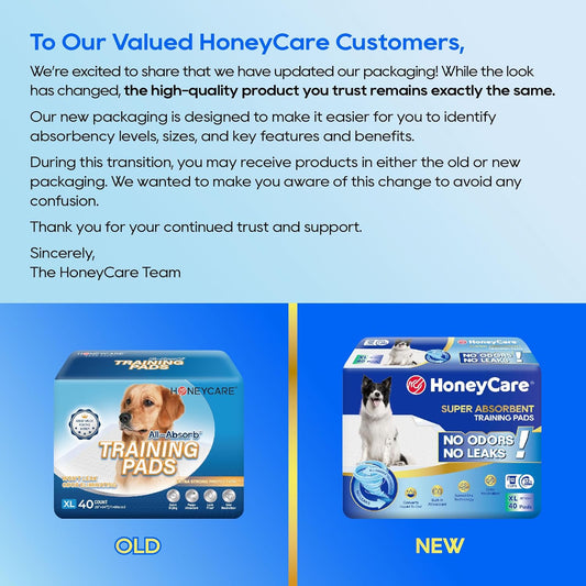 HONEY CARE All-Absorb, X-Large 28" x 34", 40 Count, Dog and Puppy Training Pads, Ultra Absorbent and Odor Eliminating, Leak-Proof 5-Layer Potty Training Pads with Quick-Dry Surface, Blue