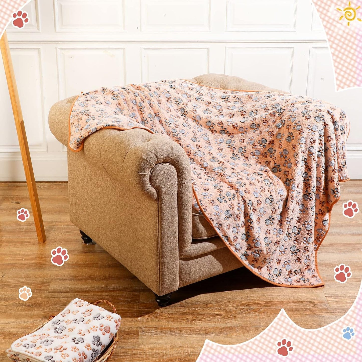 Tatuo 4 Pcs Dog Blanket for Pet Cat Blankets Indoor Puppy Teething Stuff Toys Paw Print Fleece Soft Blanket Sleep Mat for Guinea Pig Cage(White, Coffee, Pink, Purple,XX-Large(40 x 63 Inch),Square)
