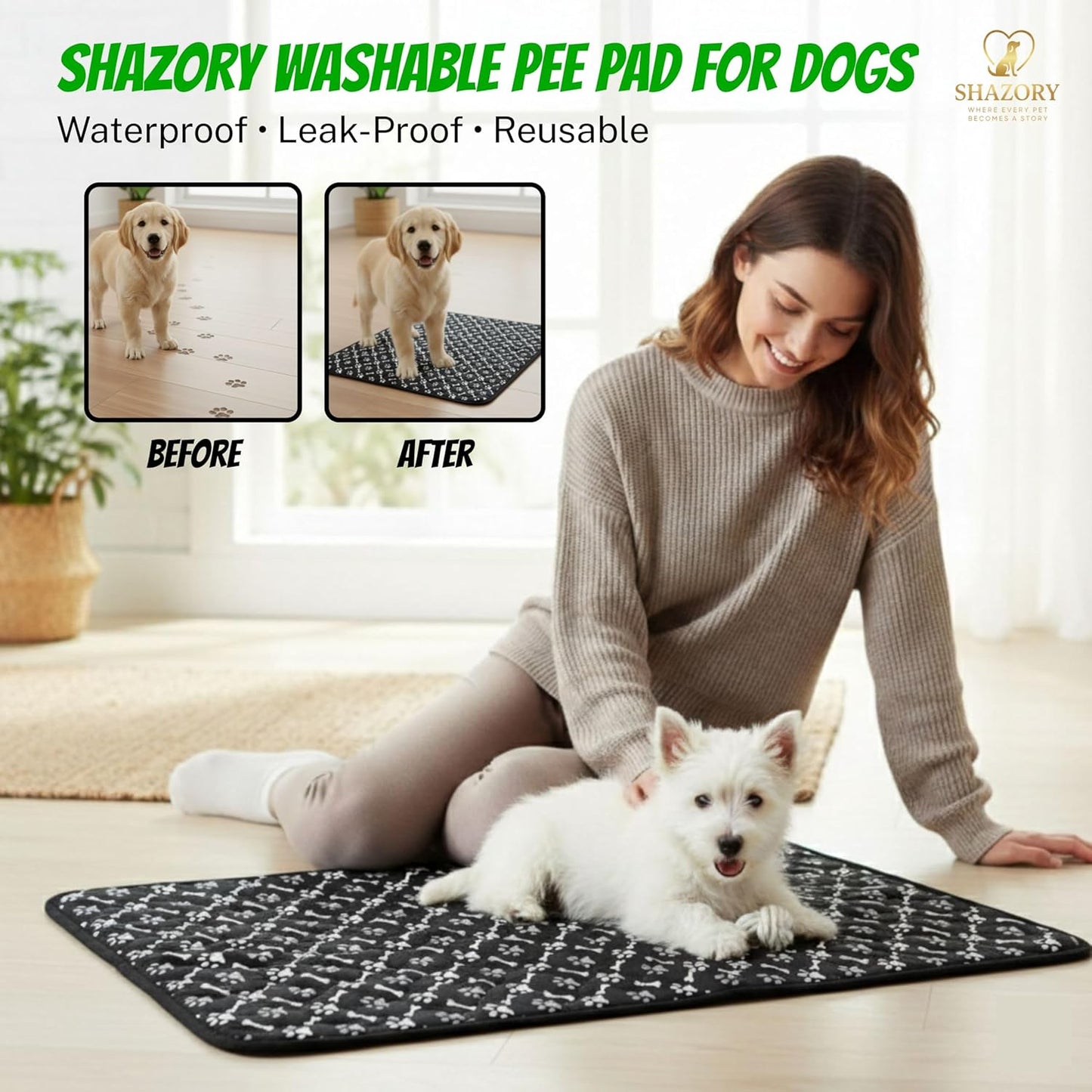 SHAZORY Upgraded Washable Pee Pads for Dogs and Cats - Super Absorbent Reusable Puppy Training Pads - 100% Waterproof, Leak-Proof & Non-Slip Whelping Pads for Pet Housebreaking