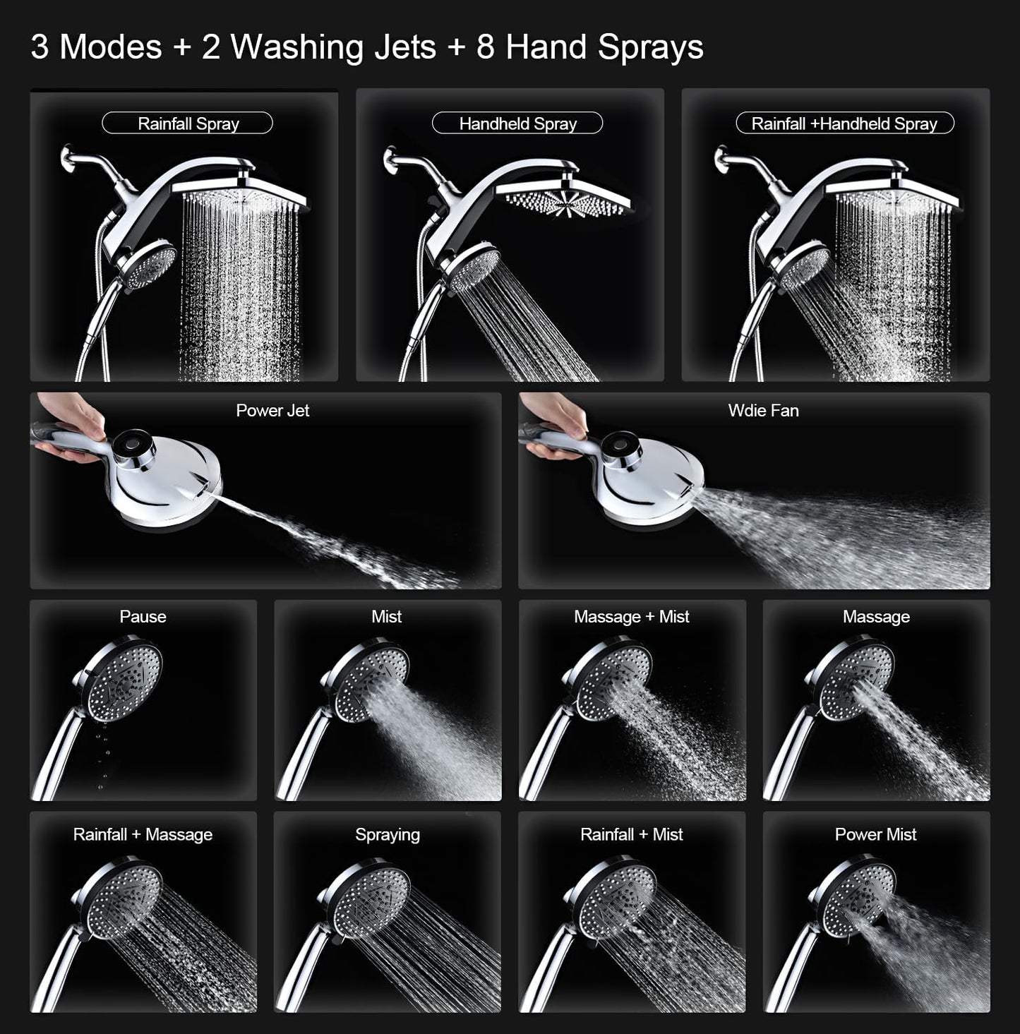 High Pressure Rain Shower Head: Upgrade Shower Heads with Handheld Spray Combo with Fixed Showerhead and 10 Sprays Handheld Shower Head, Detachable Shower head Built-in Magnetic Docking and Power Jets