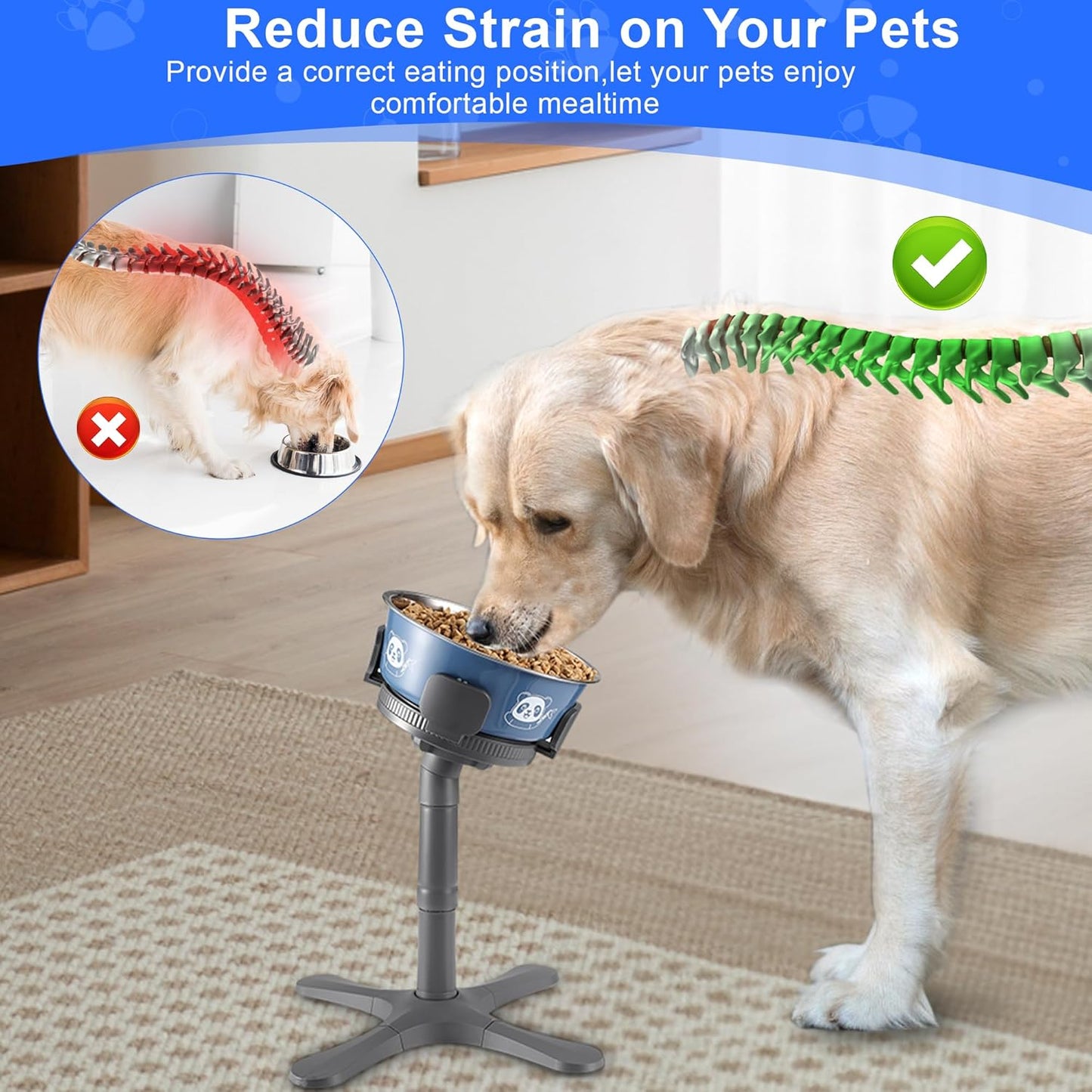 Dog Bowls,Elevated Adjustable Dog Bowl Stand with 3 Heights & Tilted Feeding Design, Raised Stand Compatible with Medium & Large Breeds(with Bowl) Grey