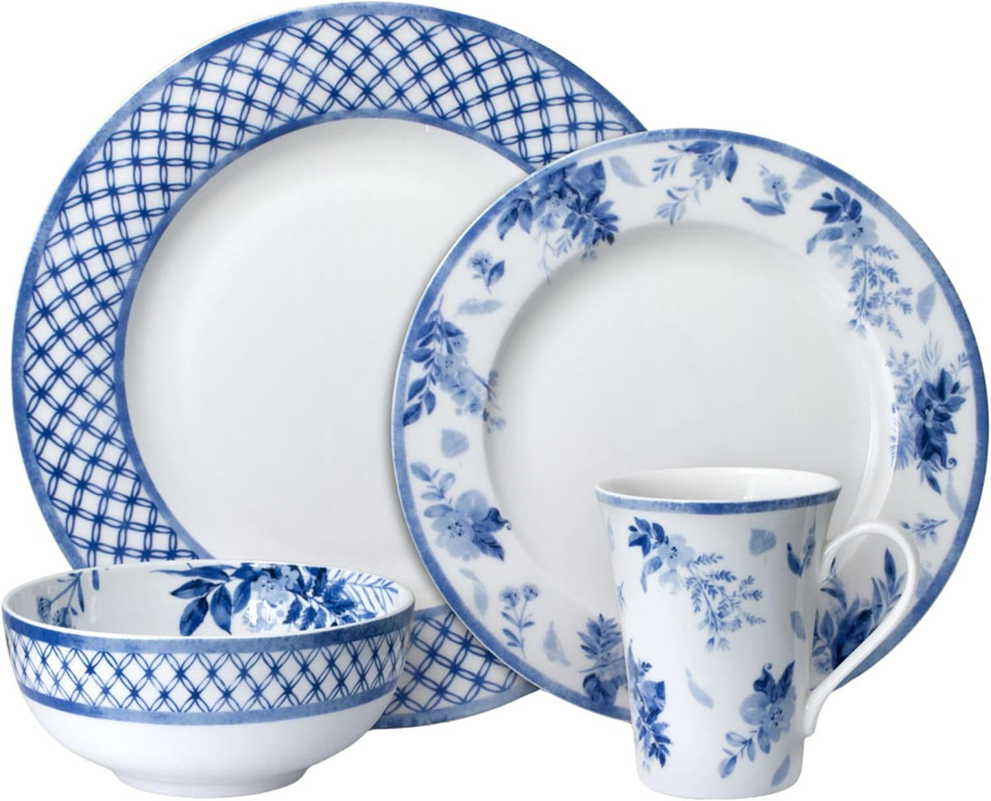 Mikasa Kiley Bone China Lightweight Chip Resistant 16 Piece Dinnerware Set, Service for 4,Blue and White