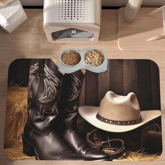 Pet Feeding Mat Leather Dog Food Mat Waterproof Pet Tablecloth Cowboy Black Hat Western Boots Pet Placemat for Dogs Absorbent Dog Bowl Mat Anti-Slip Dogs Mats for Food and Water
