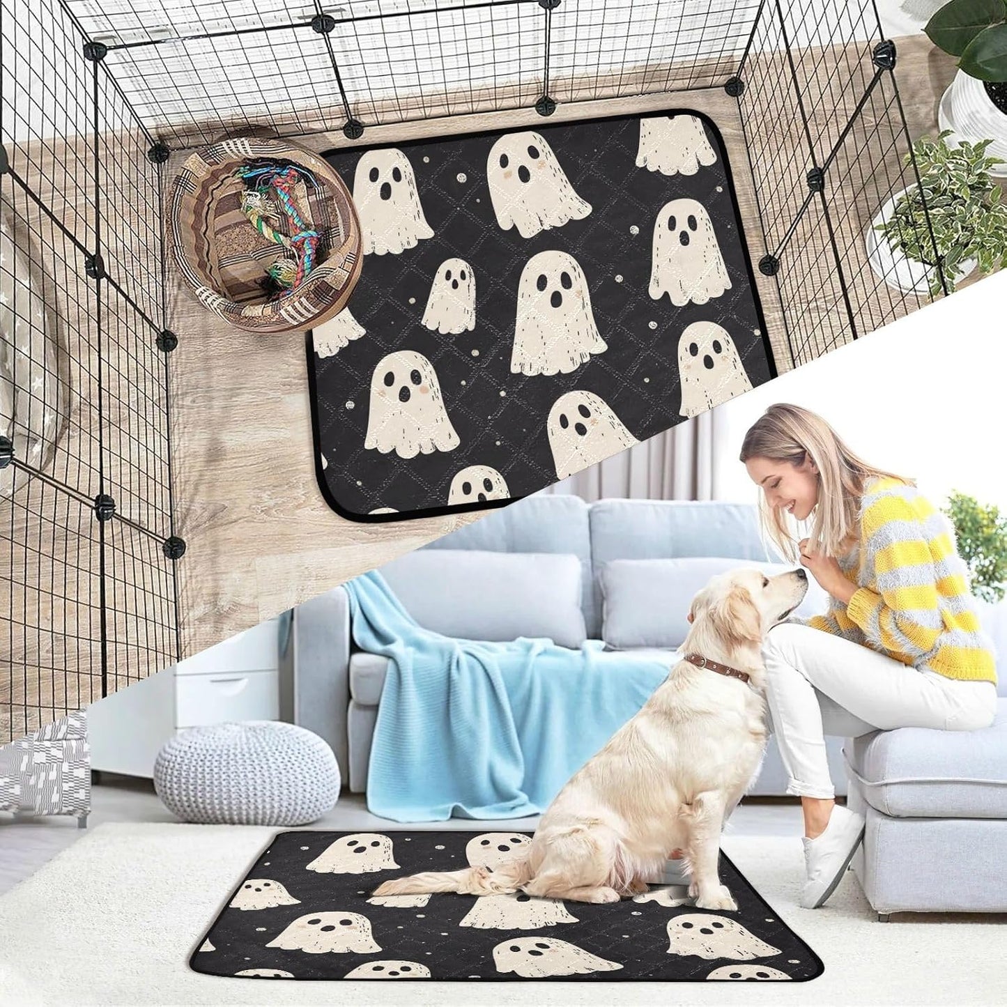 Cute Halloween Ghost Blacck Washable Pee Pads for Dogs Reusable Puppy Pad Super Absorbent Non Slip Lightweight Protect Pet Pads Couch Playpen Housebreaking 2Pack Medium and Large