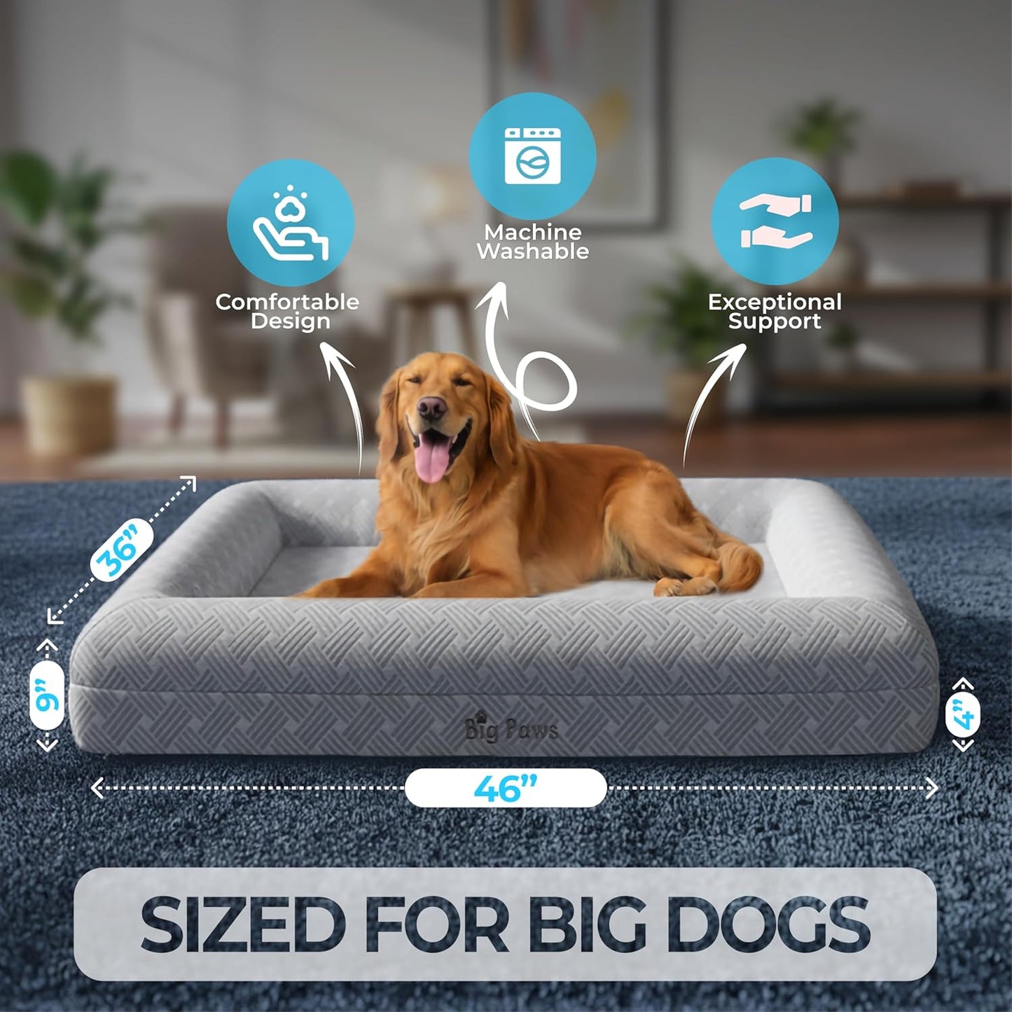 Big Paws Cooling Orthopedic Dog Bed for XL & Senior Dogs + Enclosed Support, High-Density Memory Foam, Waterproof Liners, Washable Cover