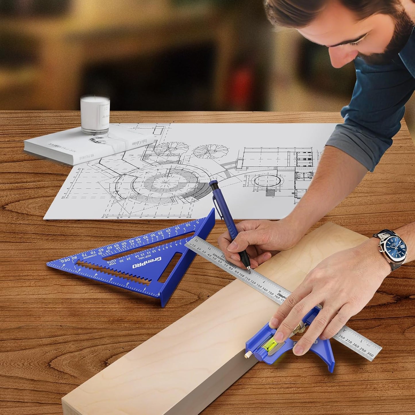 Combination Square Woodworking Ruler Tools, 7inch Carpenter Square Wood Working Tools and Accessories, 12inch Square Ruler, Includes 2-in-1 Carpentry Pencil, Protractor Angle Machinist Tool