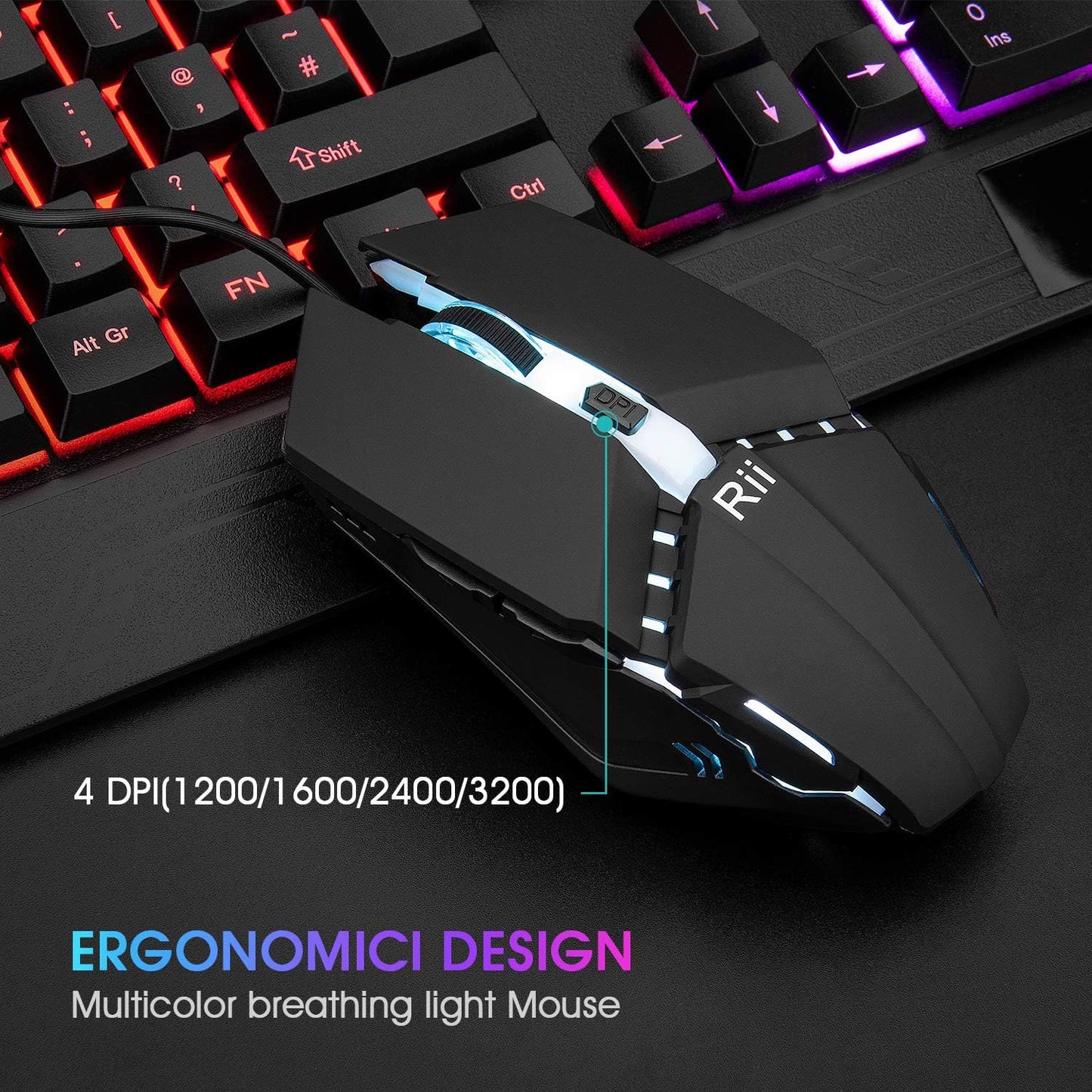 Rii Gaming Keyboard and Mouse Combo,USB Wired,104 Keys RGB LED Backlit Keyboard with Wrist Rest for PC/Laptop (Black)