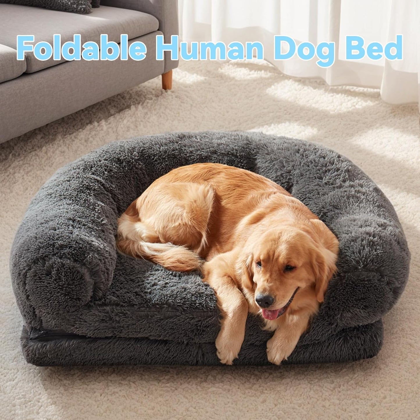 Human Dog Bed - 자이언트 접이식 정형외과 플러시 조절 가능한 소파 베드, 182.9cm x 109.2cm x 25.4cm(72x43x10인치) 다크 그레이 플러시