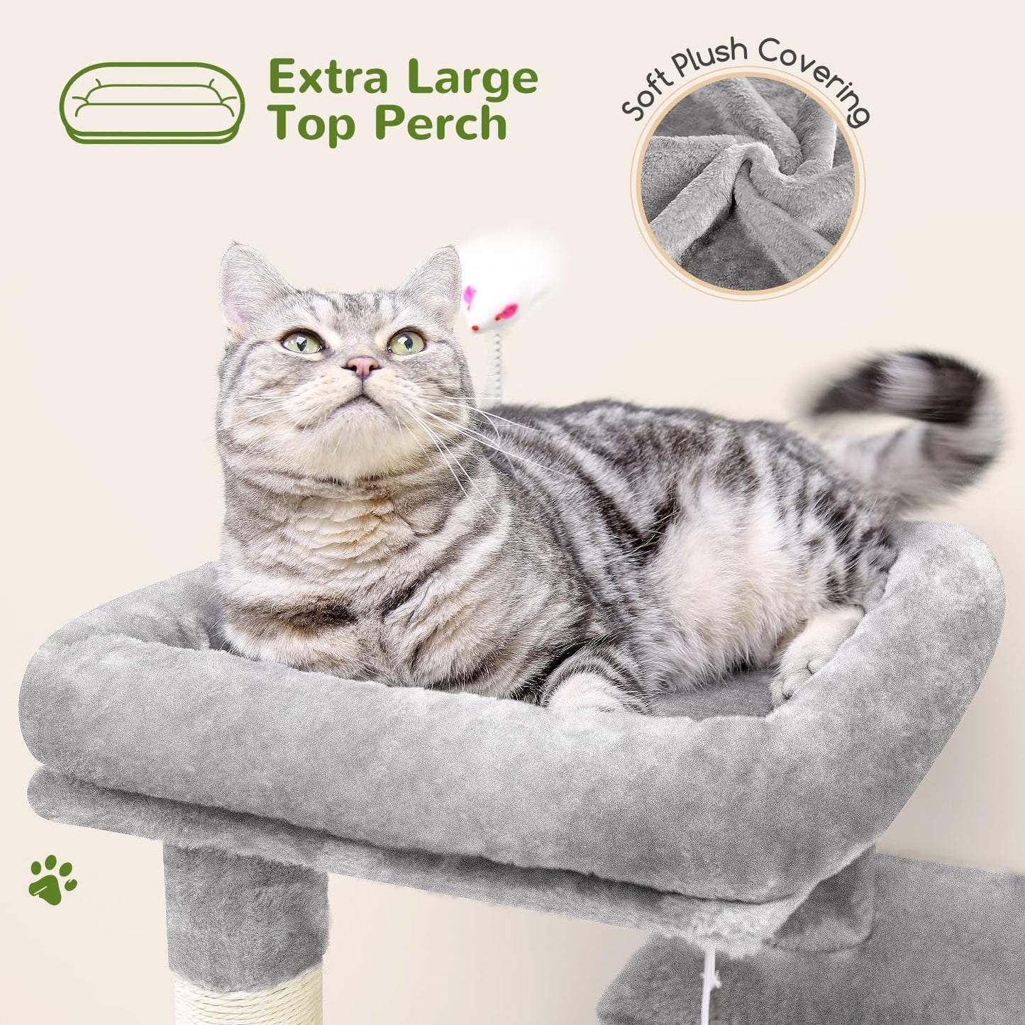 Globlazer Cat Tree Tower for Indoor Cats, 50-inch Adult Cat Tree House for Large Adult Cats with Steps, Scratching Post, 2 Cat Caves, Dangling Toys, FC50, Light Grey