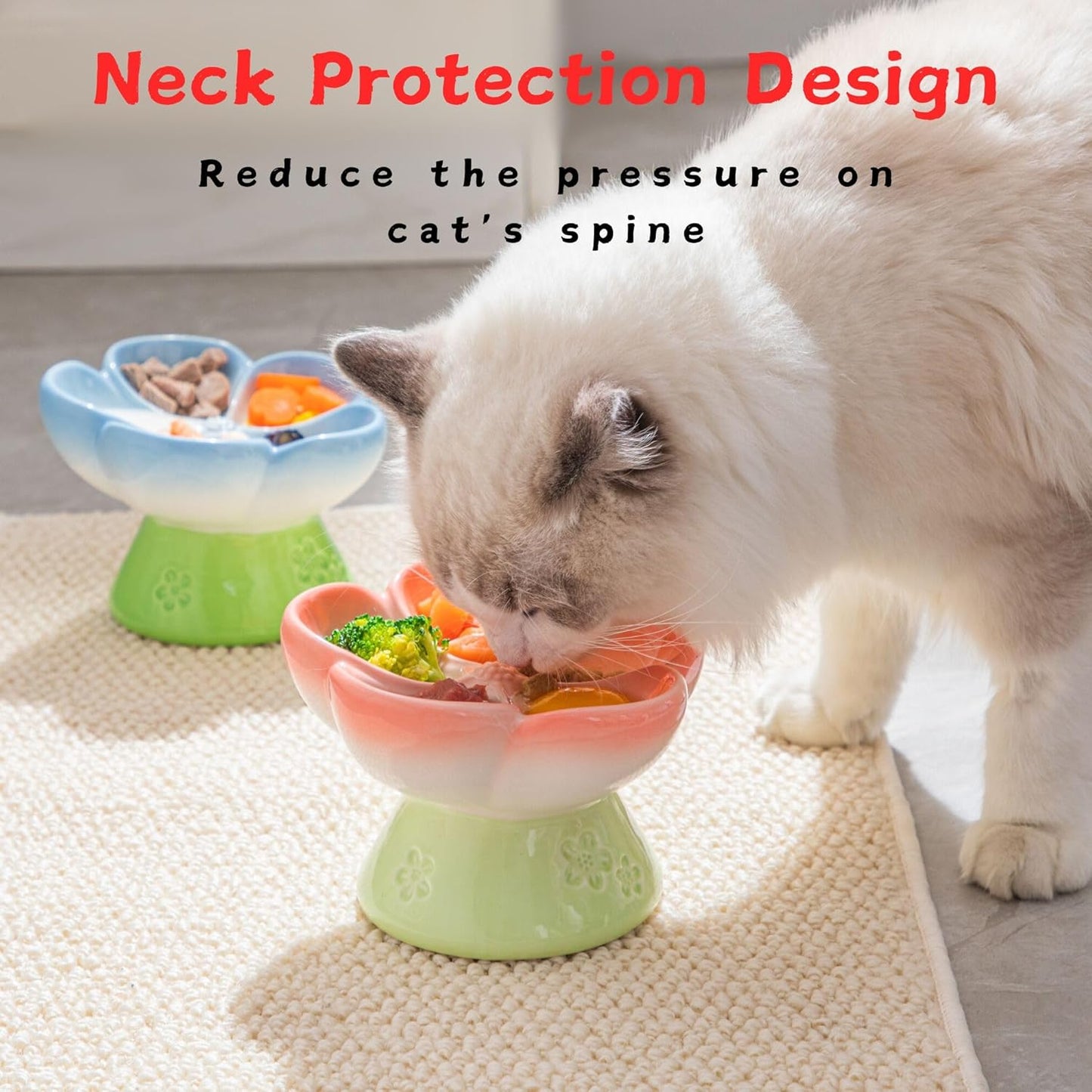 Ceramic Cat Divided Bowl Flower Shaped (5 Sections) - 4 Inch Elevated Design Cute Slow Feeder Bowl, Heavy Base, Under-Glazed Gradient Color - Separates Dry/Wet Food, Veggies, Fruits & Treats