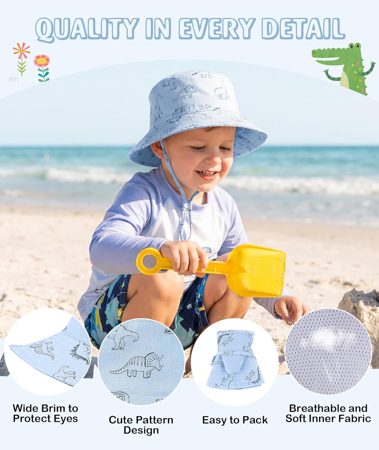 Toddler Kids Sun Hat Summer Outdoor Toddler Bucket Hats UPF 50+ for Boys Girls Adjustable Beach Hats with Wide Brim 0-8 Years