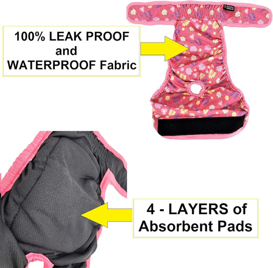 Pack of 3 Female Dog Diapers with 4 - Layers of Absorbent Pads Cat Panties Waterproof Leak Proof Washable (XS: Waist 8" - 12", Neon Pattern)