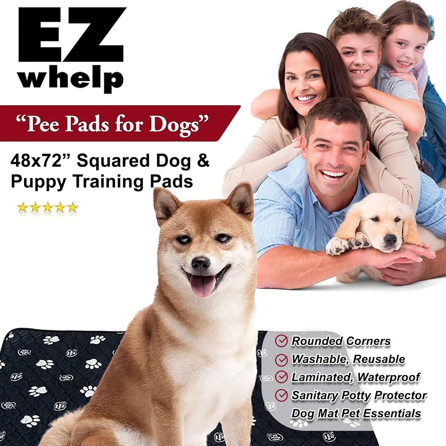 EZwhelp Reusable Dog Pee Pads, Washable Waterproof Mats for Dog Potty Training or Whelping Pads, 48x72 Inch, 2 Pack
