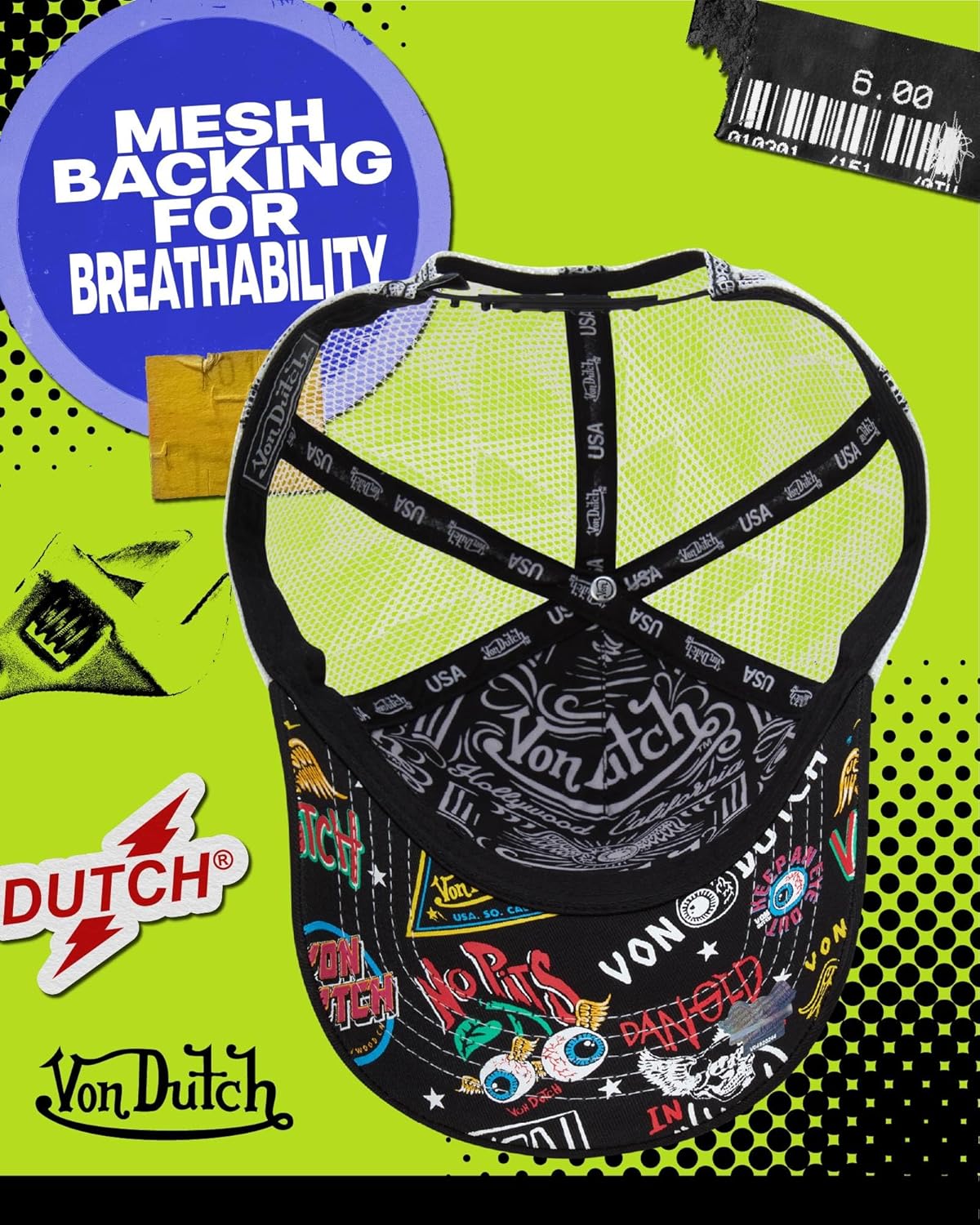 Von Dutch Monogram Trucker Cap - Retro Snapback Cap for Men and Women - Adjustable Snap Fit Panel, Mesh Rear, Curved Bill