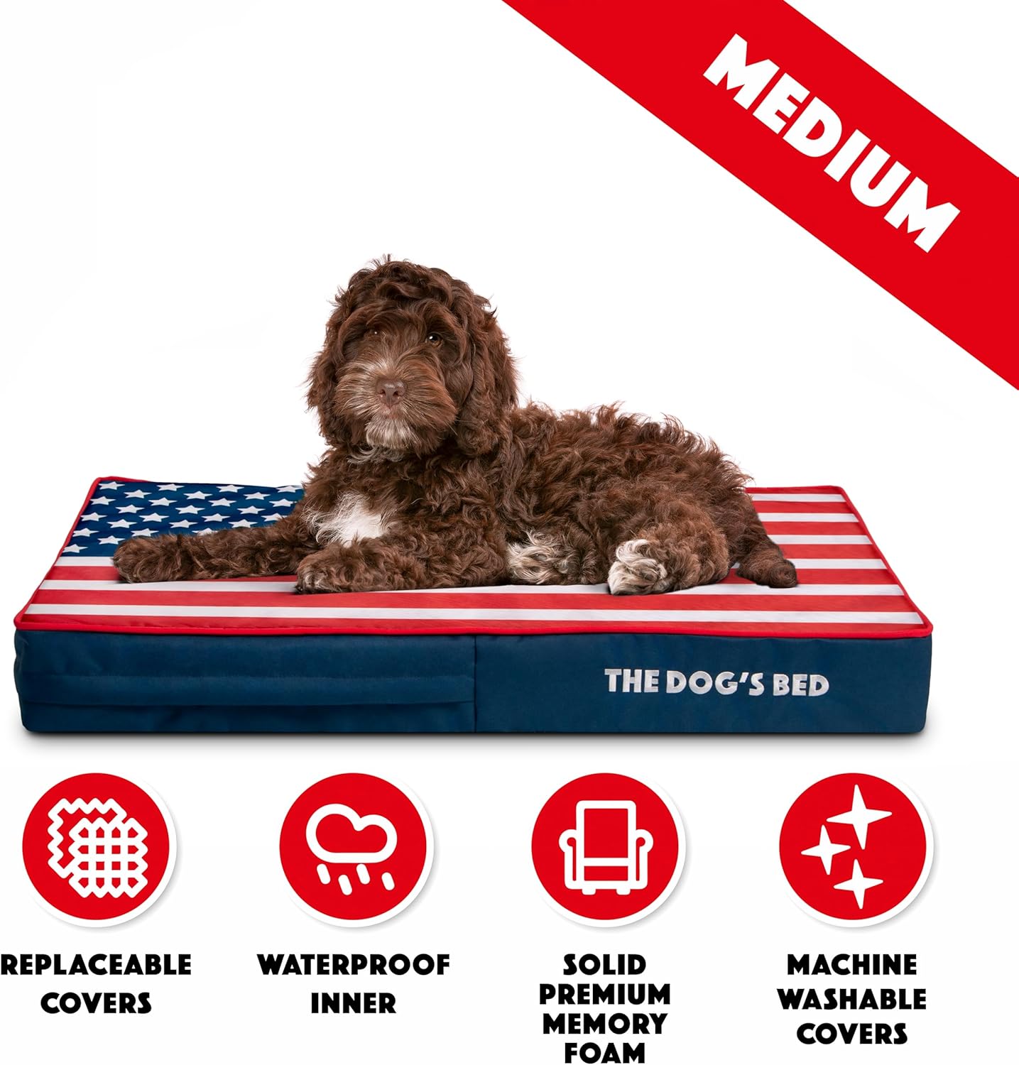The Dog’s Bed Orthopedic Memory Foam Dog Bed Mattress, Oxford Fabric, Blue & Red Trim USA Center Flag, Medium, 4-Inch