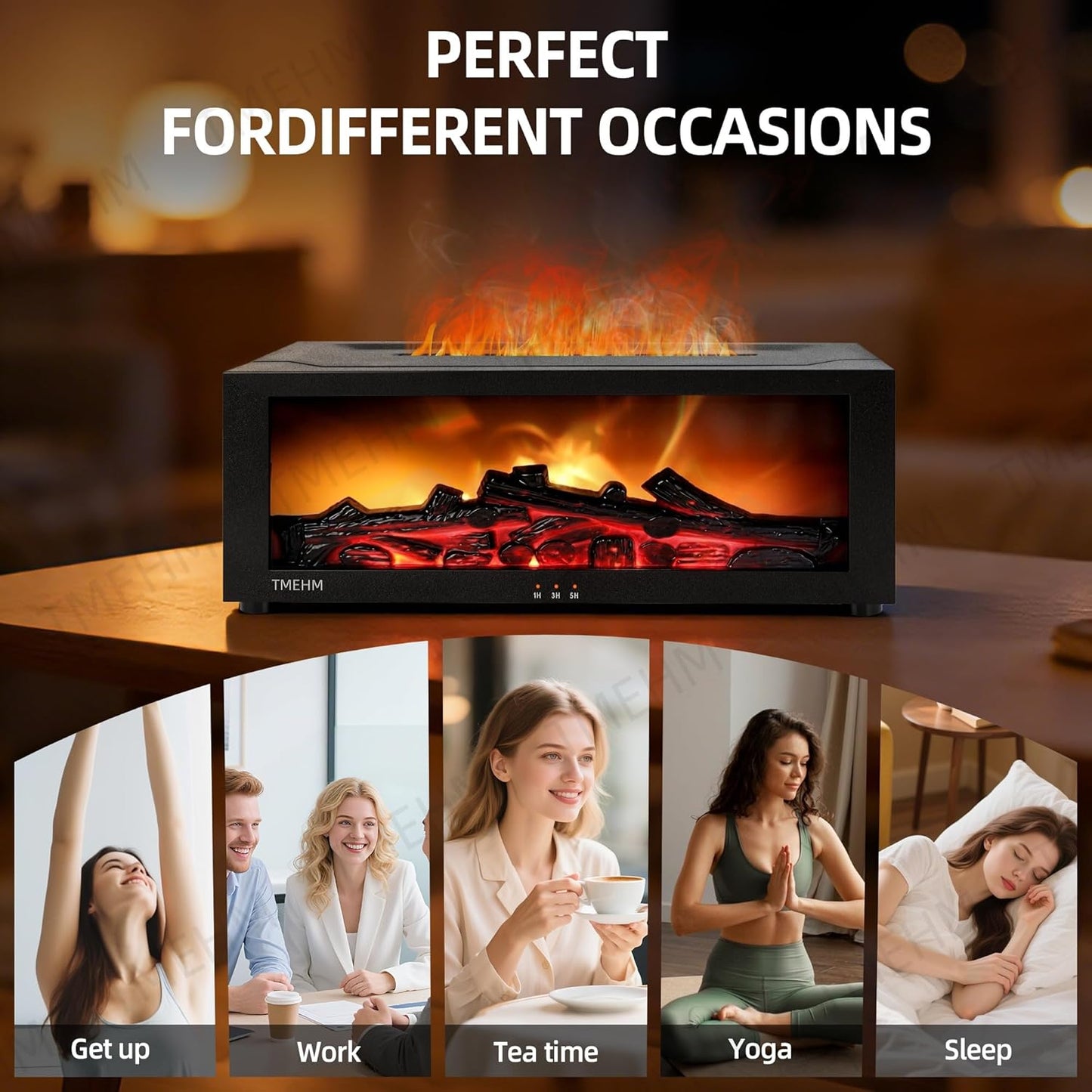 Fireplace Flame Air Diffuser Humidifier,7 Colors Aromatherapy Essential Oil Diffuser,Ultrasonic Aroma Humidifier with Timer for Home,Bedroom,Office,Yoga (Black, L)