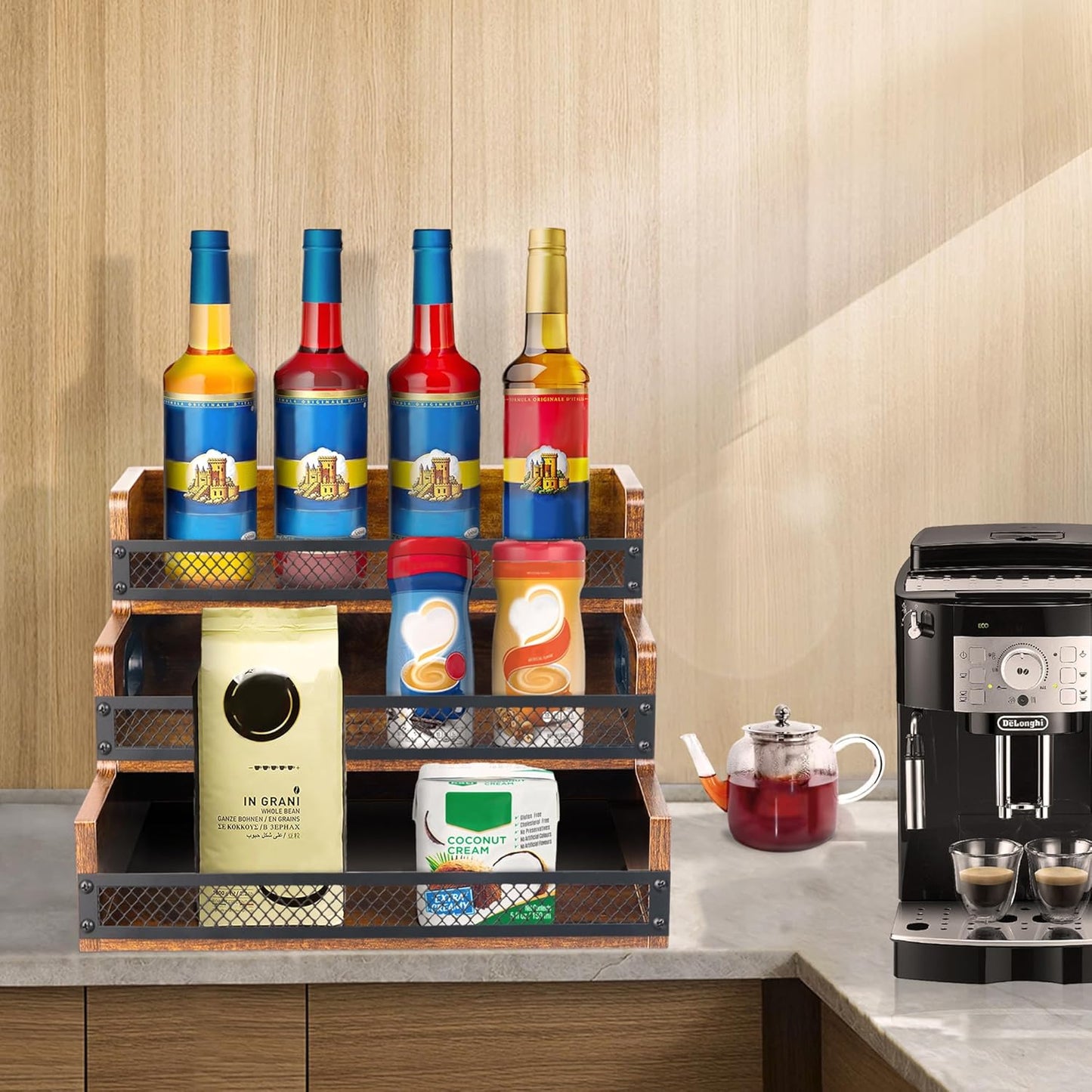 Liquor Bottle Display Shelf, Coffee Syrup Rack Organizer, 3 Step Countertop Liquor Wine Rack, 12 Bottles Coffee Station Organizer with Fences & Handles, Home Retro Bar Shelf Stand for Liquor Whiskey