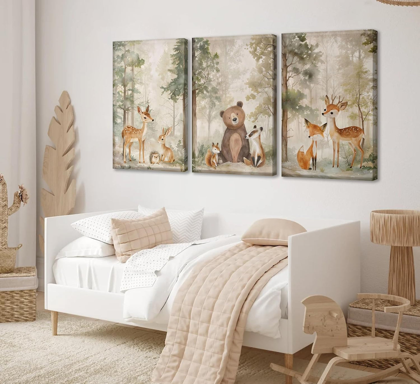 MIZILI 3Pcs Woodland Animal Nursery Canvas wall art Wild Animals Forest Paintings Pictures Wall Decor Fox Bear Deer Watercolor Poster Printing Artwork for Boys Room Girls Room Home Decoration