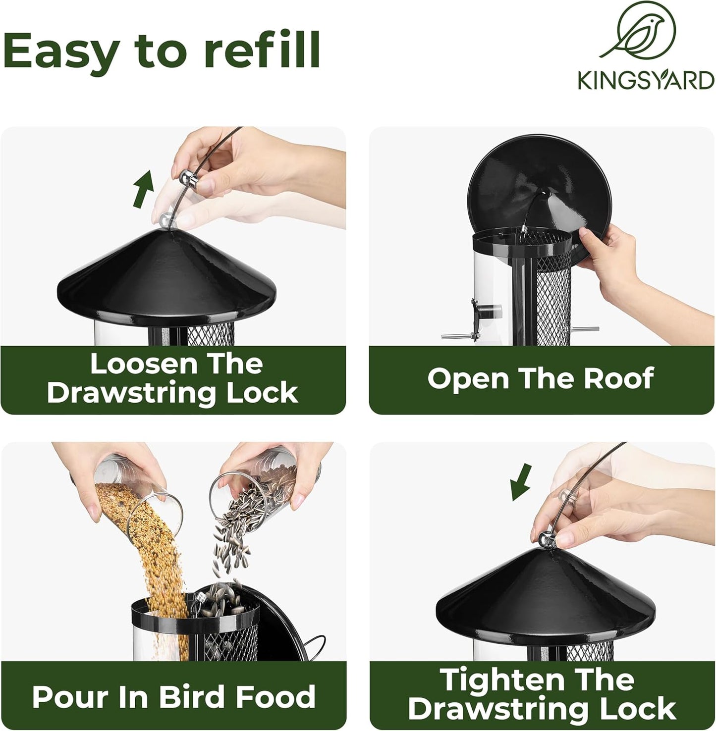 Kingsyard Metal Bird Feeder for Outdoor Hanging - Chew Proof Wild Bird Finch Cardinal Feeder with Dual Chamber of 4 lbs Capacity for Bluebird, Black