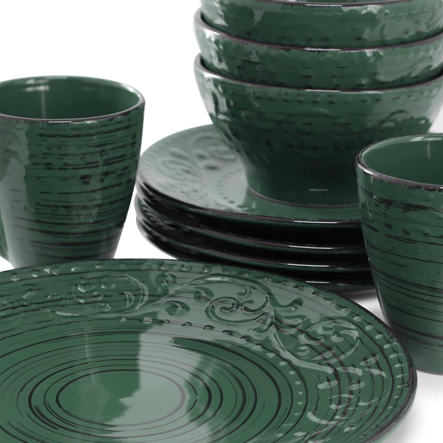 Elama Malibu Sea Glass 16-Piece Stoneware Embossed Pattern Reactive Glaze Dark Green Dinnerware Set, Tableware, Serveware Set (Sea Glass Green)