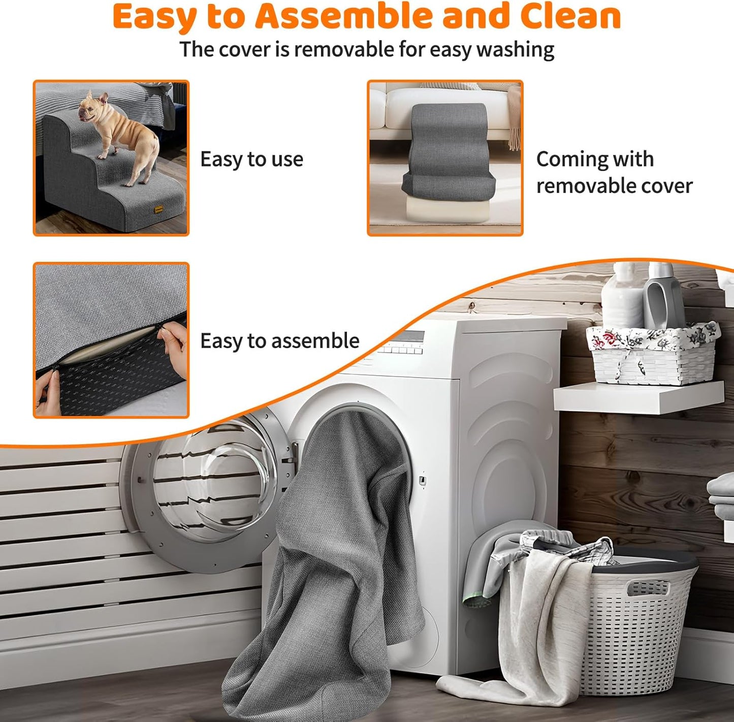 Gimars 30D High-Density Foam & Extra-Wide, Stable 3-Step Dog Stairs, 40cm High Pet Stairs with Washable Cover & Non-Slip Base, Portable Ramp for Small Dogs to Sofa, Bed, Couch, Car