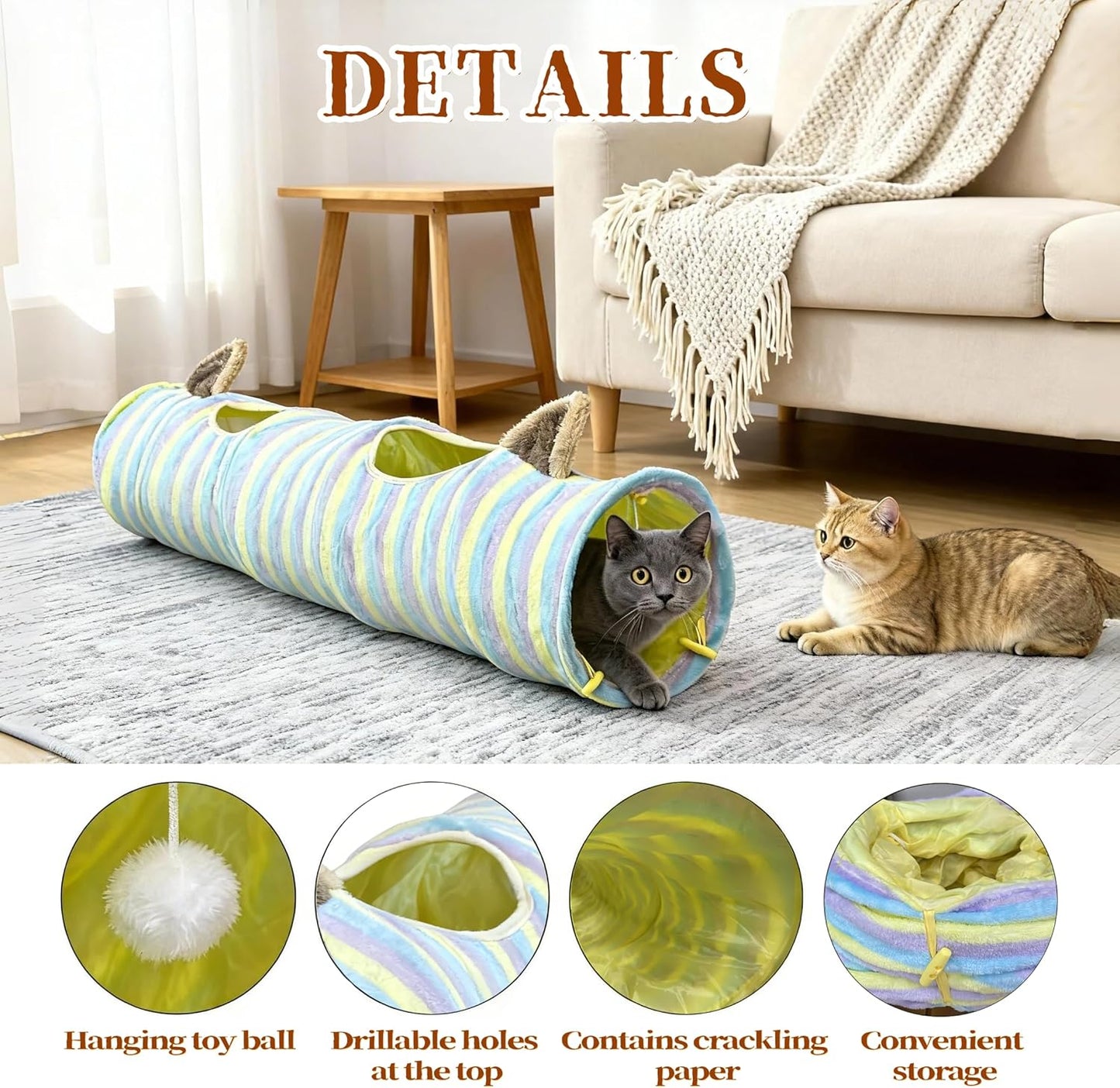 Cat Tunnel for Indoor Cats, Cute Cat Toy Tunnel for Small Large Cats, 45" Straight Cat Tunnel Toys with Balls & Crinkle Paper Ears Collapsible Peekaboo Cave for Kitten, Diameter 9.8" (Colorful Stripe)