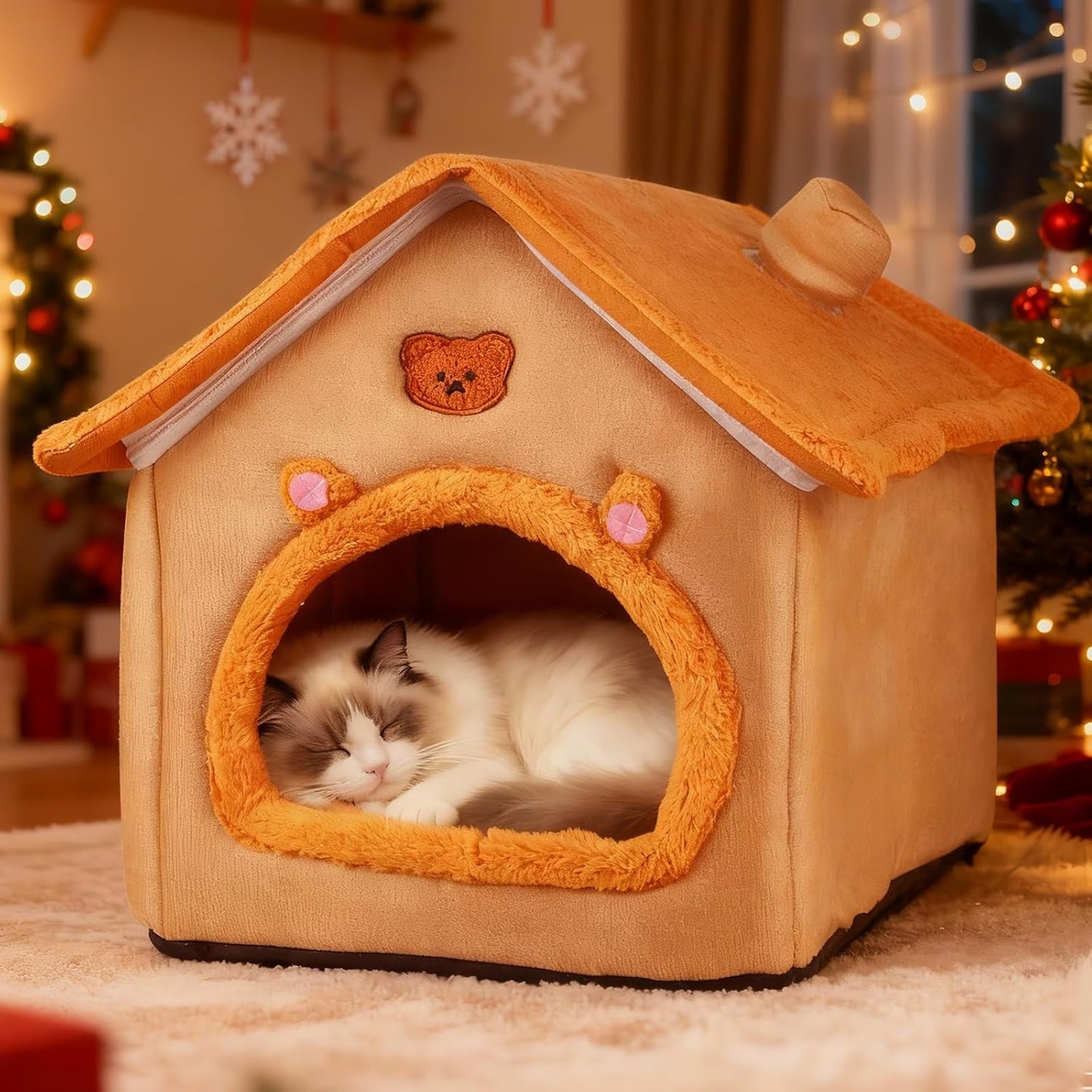 Cat House Inside Cat Sleeping Tent Dog House Bed Indoor with Non-Slip Bottom 15.75inch Orange