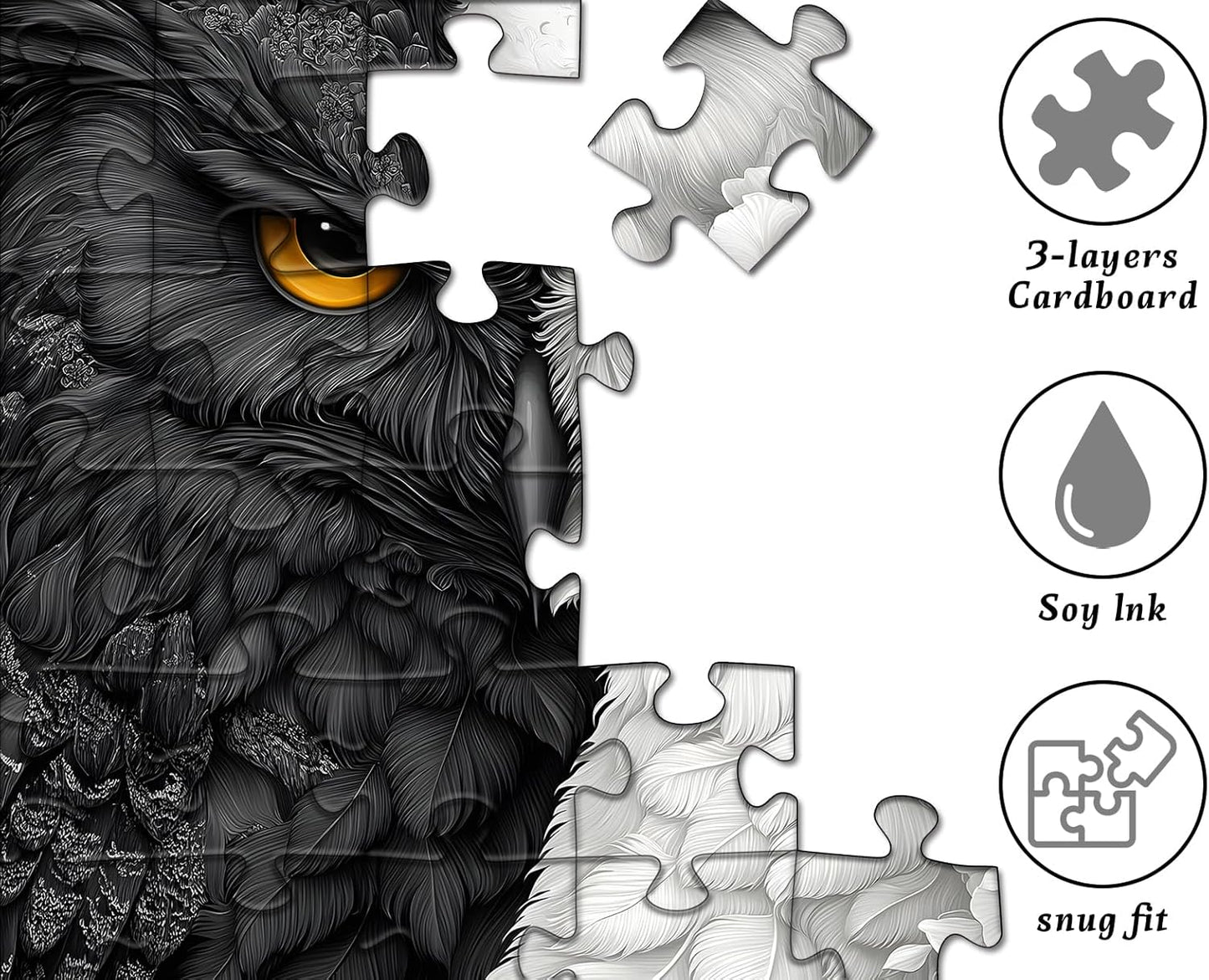 Yin Yang Owl Puzzle for Adults 1000 Pieces，Black and White Puzzles Owl Flowers, Impossible Difficult Hard Bird Jigsaw Puzzle, Animal Floral Art Challenge Puzzle Aesthetic