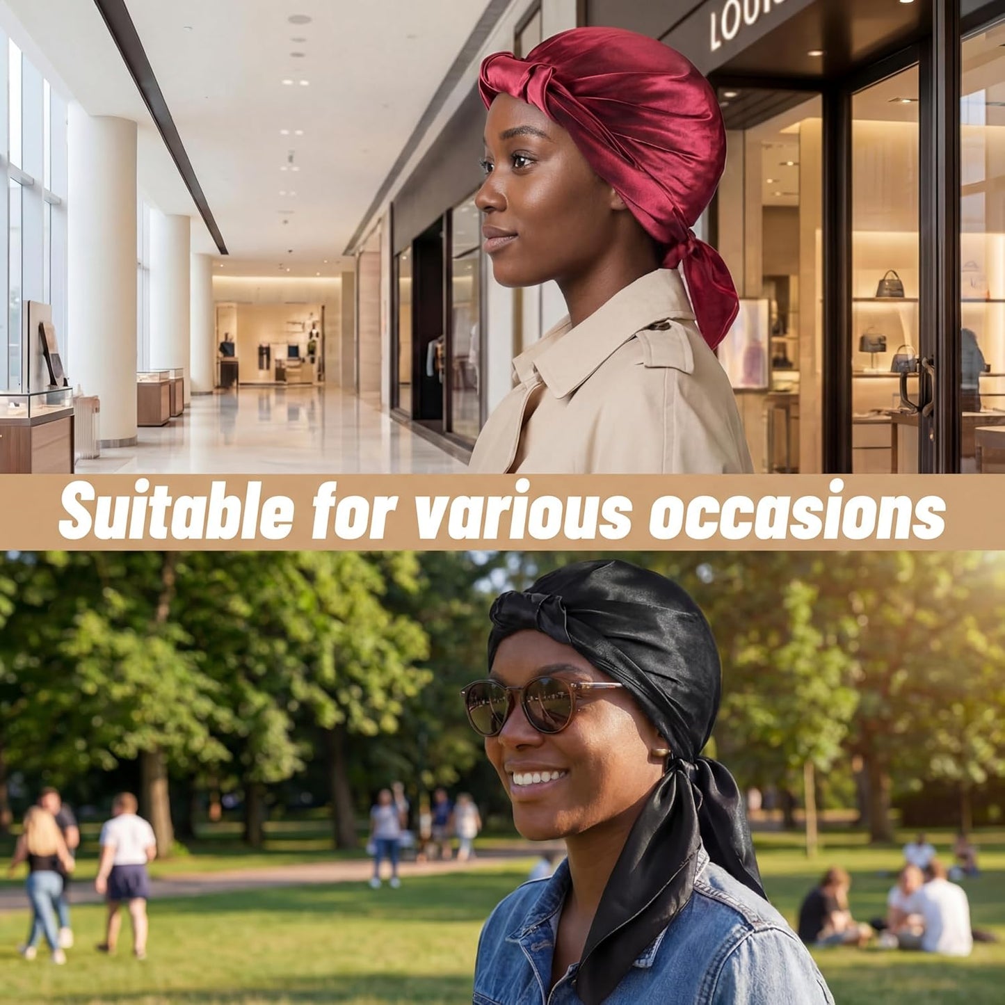 3 Pcs Wrap Hair Net with Scarf, Easy-to-use Head Wrap for Silk Press & Nighttime Care, Ideal for Styling, Sleep & Shower Cap(Classic Minimalist,Red Black Green)