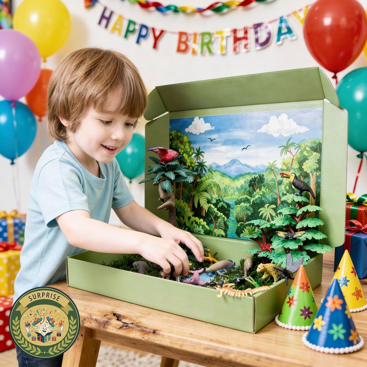 33PCS Rainforest Animals Figures Toys Set, Diorama Project Supplies Include Tropical Jungle Figurines Trees Moss Sand Stones Display Box for Kids Science School DIY