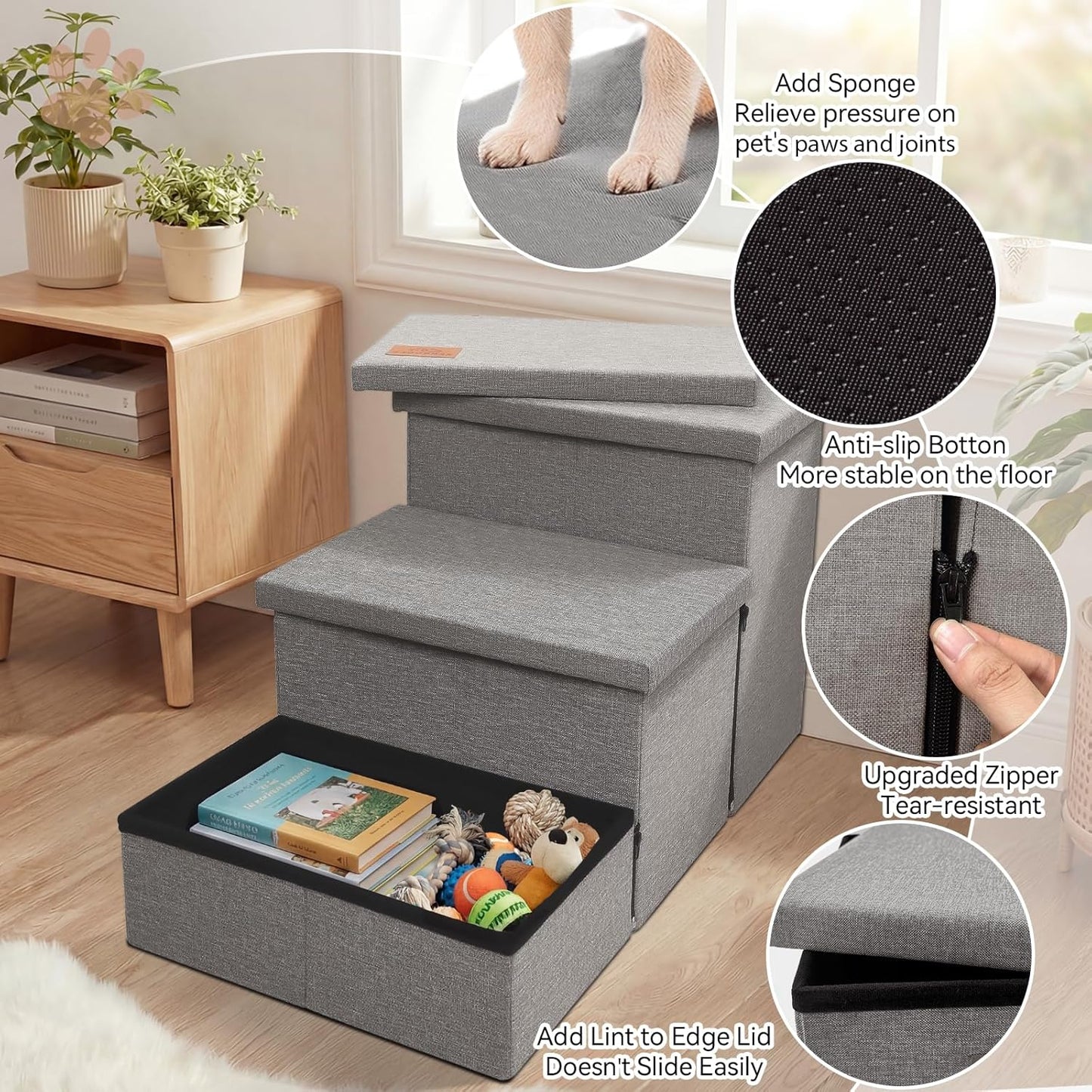 Wider Dog Ramp for High Bed with Storage 18" H, Foldable Dog Stairs for Small Medium Large Older Senior Animal, Sturdy Dog Step for Climbing Bed or Couch, Arthritis-Friendly (Gray, No Condo)
