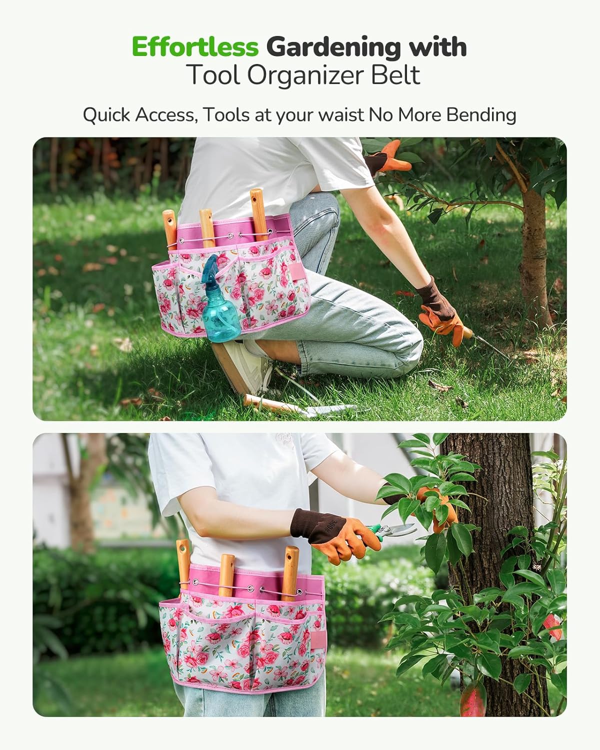 All-in-One Garden Tool Set with Tools Organizer Belt Adjustable, 10-Piece Gardening Hand Tools, Long Lasting Rust-Proof Premium Garden Tool Kit, Gardening Gift for Women Men (Pink)