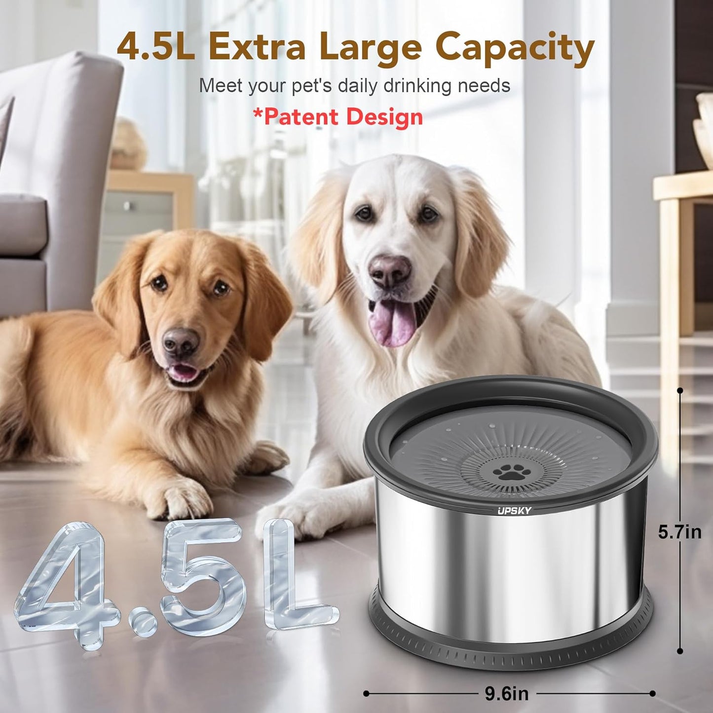 UPSKY 4.5L Dog Water Bowl,Large Capacity No Spill Dog Water Bowl,Stainless Steel Spill Proof Slow Water Feeder,No Splash Water Bowl with Anti-Slip Mat for Messy Drinkers Grey, B.4.5L