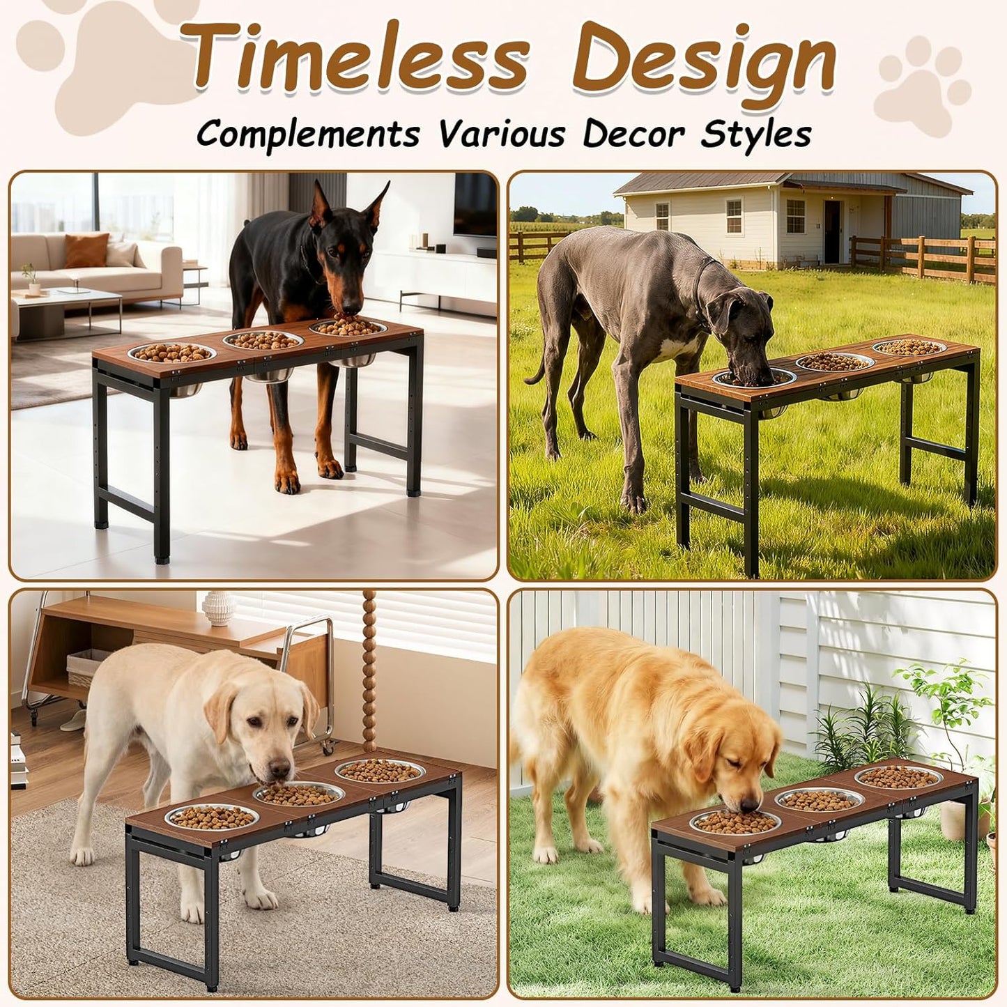 Elevated Dog Bowls Large Breed,Adjustable Raised Dog Bowl Stand,Stainless Steel 3 Bowl Dogs Feeding Station,12.5cup/101oz Each Food Water Bowl(Iron Holder,Wooden Platform,Grained Oak)