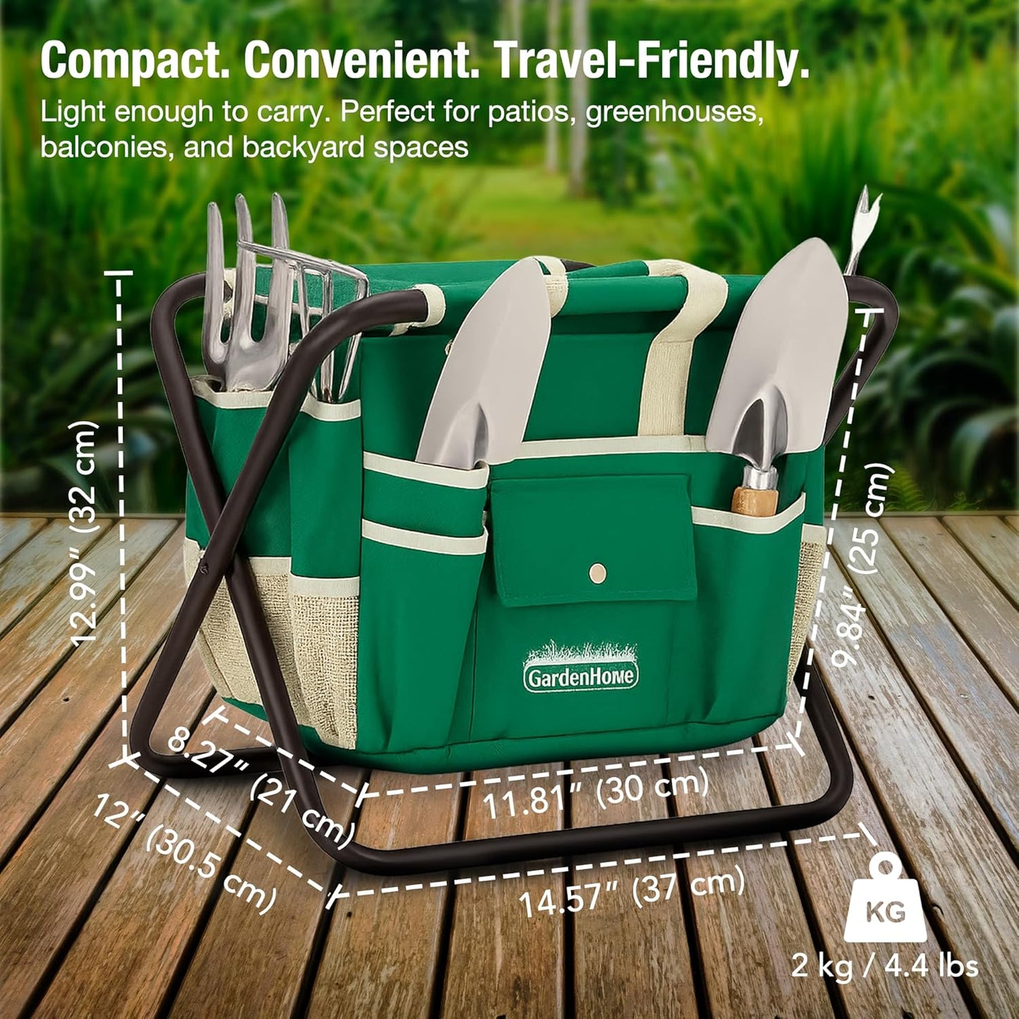GardenHOME 7-Piece Green Gardening Tool Set – Stainless Steel Tools with Wooden Handles, Folding Stool & Canvas Tote, Durable Garden Kit for Every Gardener