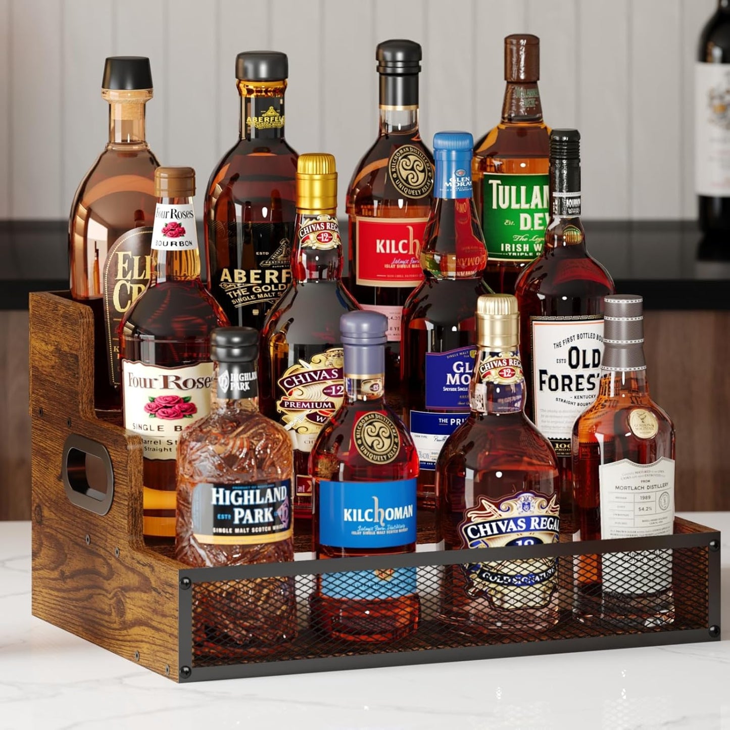 3-Tier Liquor Bottle Display Shelf, Countertop Liquor Wine Rack with Handle, Bar Bottle Display Shelves, Coffee Syrup Rack Organizer, Brown Liquor Display, Home Retro Bar Shelf Stand (Patent Pending)