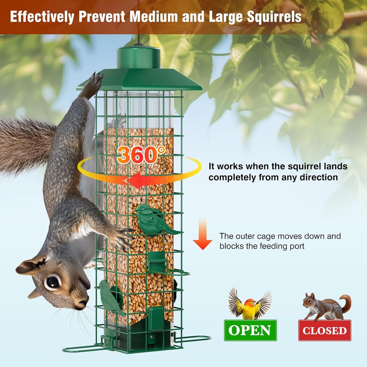 Squirrel Proof Bird Feeder, Metal Bird Feeders for Outdoors Hanging, Weight Activated, 3Lb Capacity, 4 Ports, All-Weather Tube Bird Feeder for Outside, Cardinal Finch Bluebird Wild Bird Feeder
