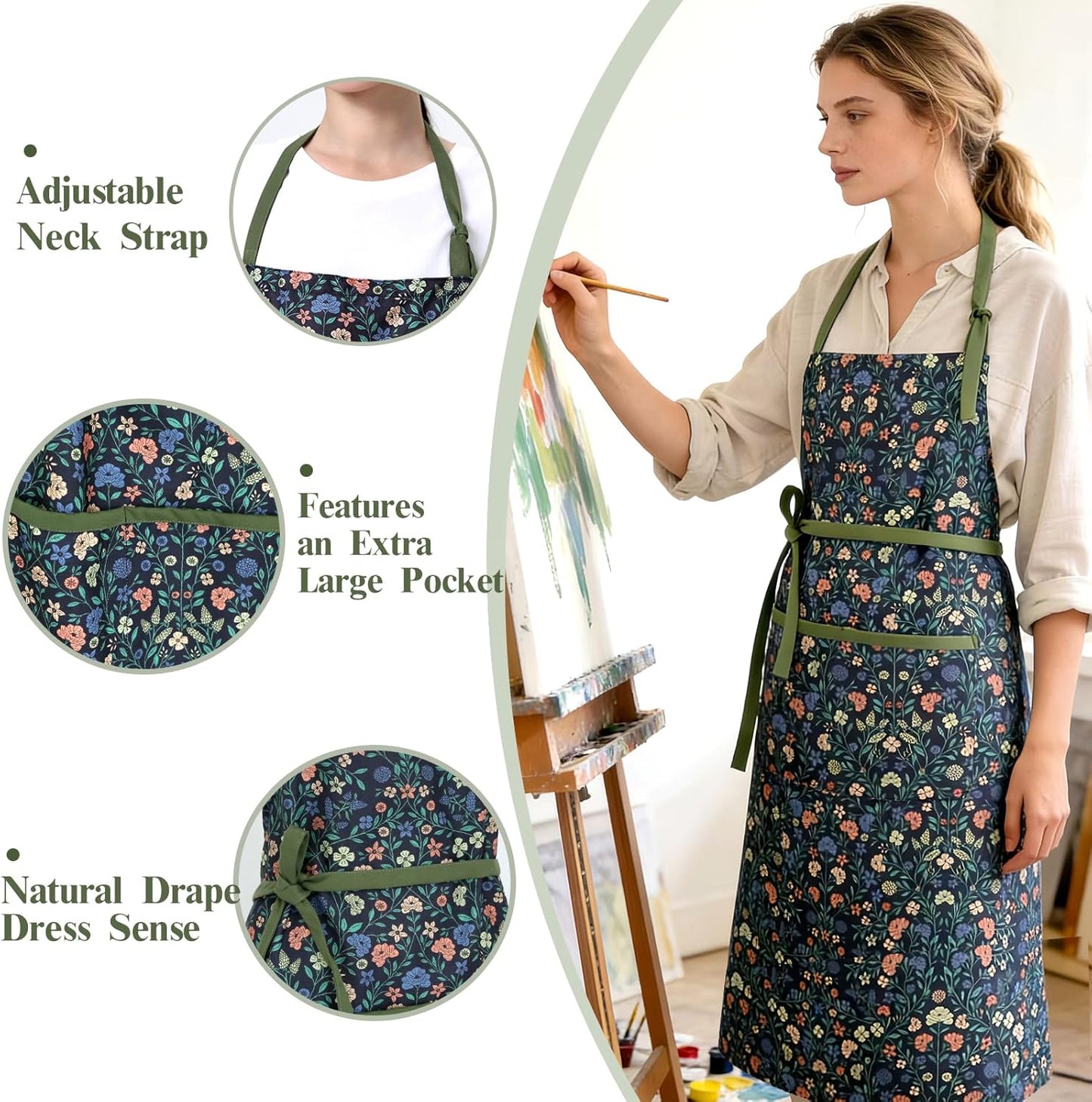 Women's Vintage Floral Kitchen Apron, Cotton Gardening Cooking Apron with Adjustable Straps & Large Pockets