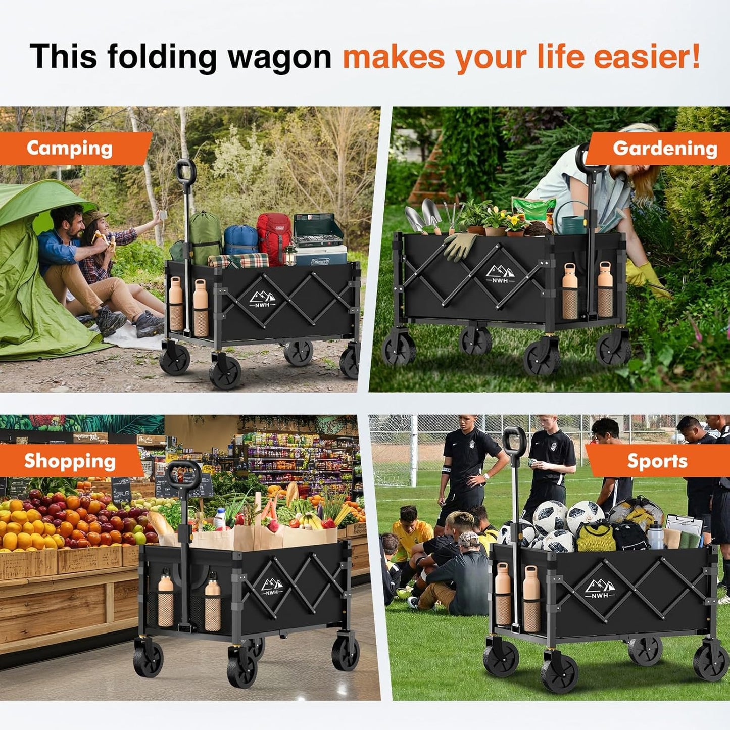 NWH Collapsible Wagon Cart with Wheels Foldable, 360LBS Large Capacity Portable Folding Utility Heavy Duty Beach Wagons Cart with All-Terrain Wheels for Groceries Shopping, Camping, Sports, Garden