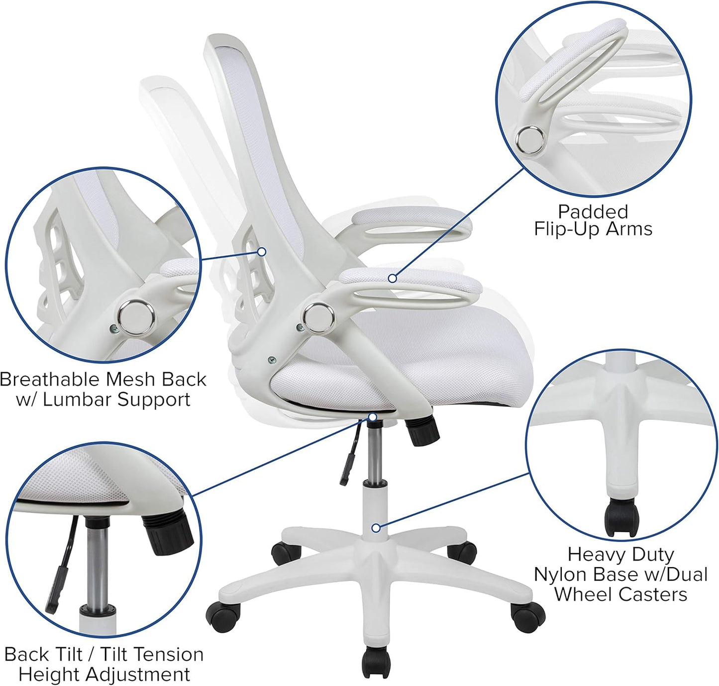 Flash Furniture Porter High-Back Swivel Office Chair with Adjustable Lumbar Support and Height, Ergonomic Mesh Desk Chair with Flip-Up Armrests, White