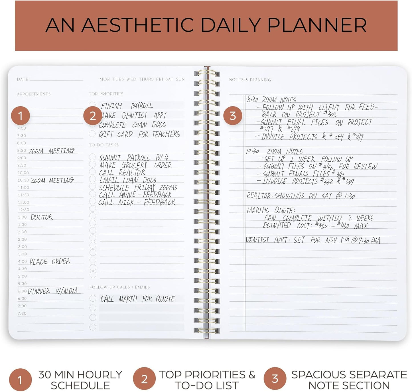 ZICOTO Beautiful Daily Planner And Notebook With Hourly Schedule - Aesthetic Spiral To do List Notepad to Easily Organize Your Work Tasks And Appointments - The Perfect Office Supplies For Women