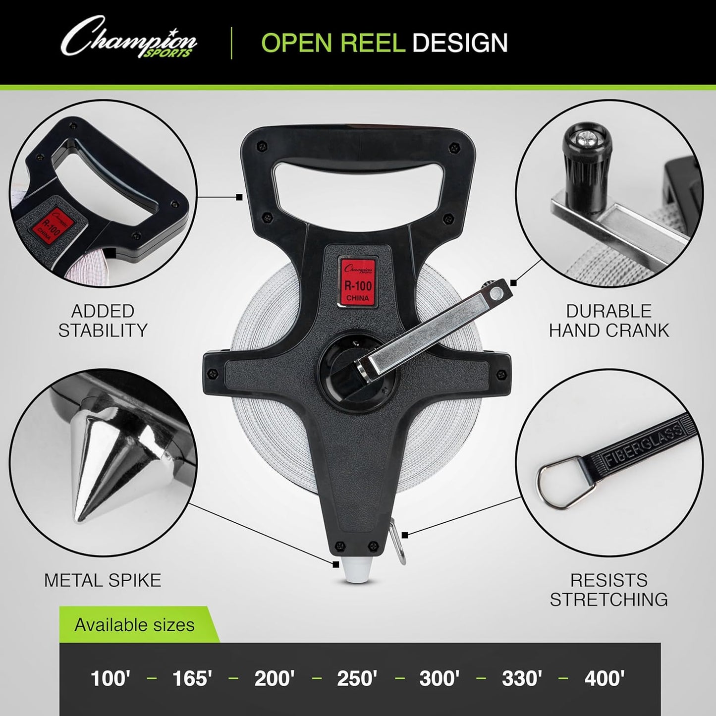 Champion Sports Open Reel Measuring Tapes – Durable Hand Crank with Metal Spike, Dual-Sided Feet & Meters, Perfect for Track & Field and Long Jump, 100 ft/30 meters