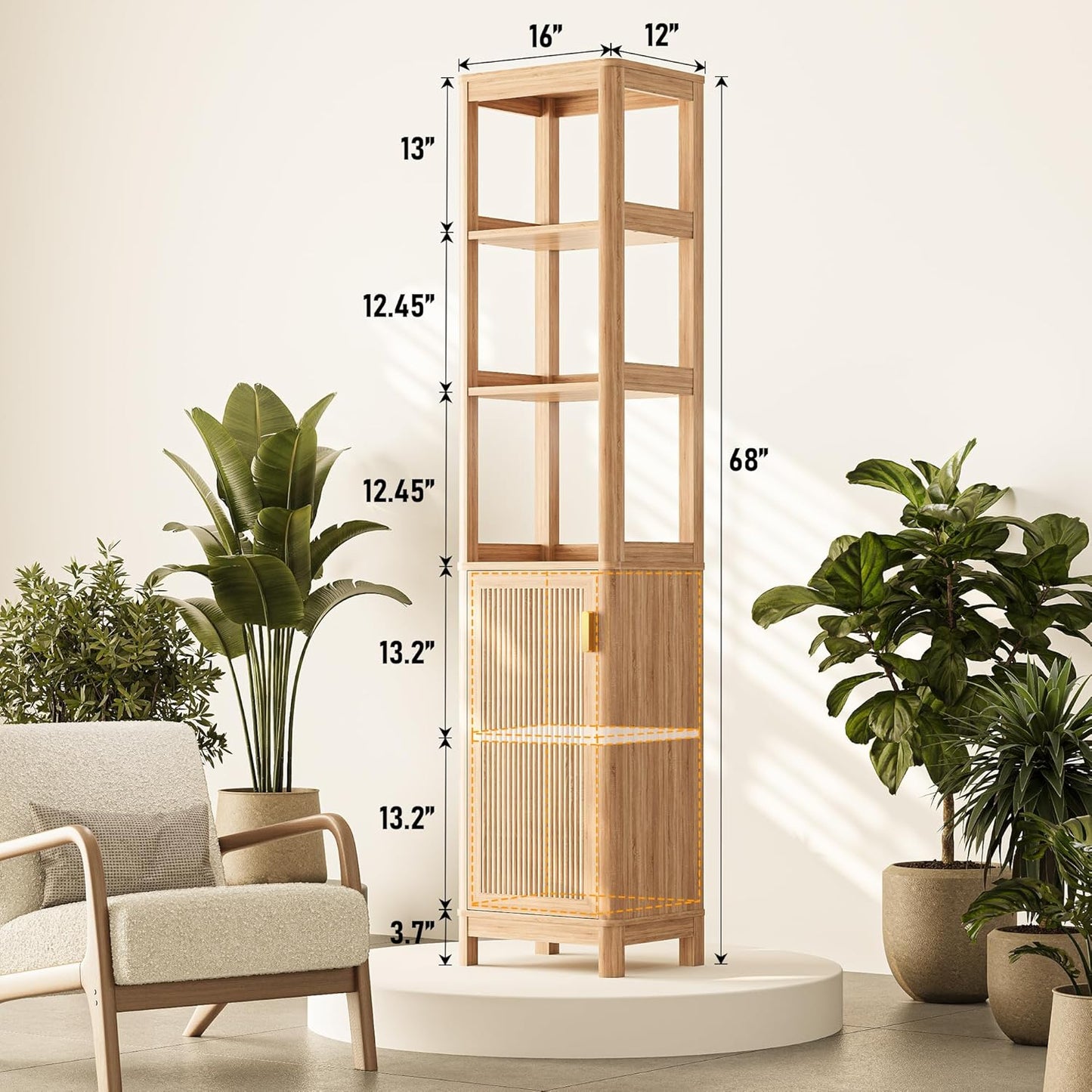 68'' Tall Narrow Storage Cabinet with Adjustable Shelf and Door, Bathroom Storage Cabinet, Space Saver for Bathroom, Kitchen, Living Room, Natural Oak