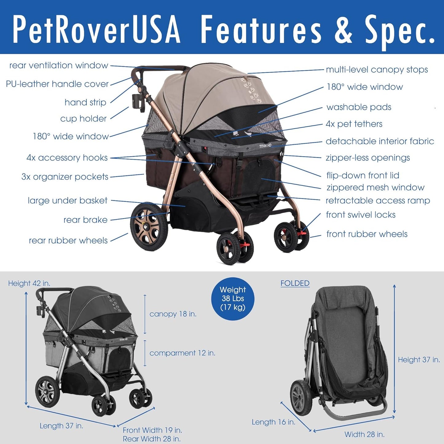 HPZ Pet Rover Titan-HD Premium Super-Sized Dog/Cat/Pet Stroller SUV Travel Carriage/w Access Ramp/100Lbs Capacity/Pumpless Rubber Wheels/Aluminum Frame for Small, Med, Large, XL Pets (Taupe)