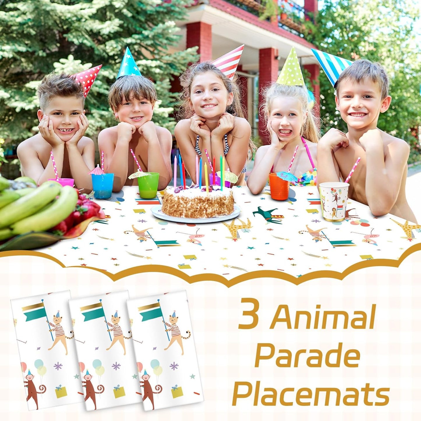 Maxdot 3 Pieces Animal Parade Party Tablecloths 108 × 54 Inch Safari Theme Table Cover, Plastic Disposable Table Cloth Zoo Party Supplies for Jungle Baby Shower, Animal Themed Birthday Decorations