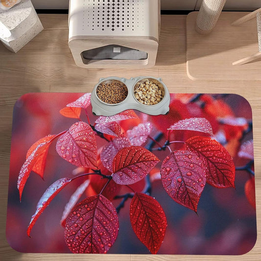 Pet Feeding Mat Leather Dog Food Mat Waterproof Pet Tablecloth Autumn Leaves Photos Pet Placemat for Dogs Absorbent Dog Bowl Mat Anti-Slip Dogs Mats for Food and Water