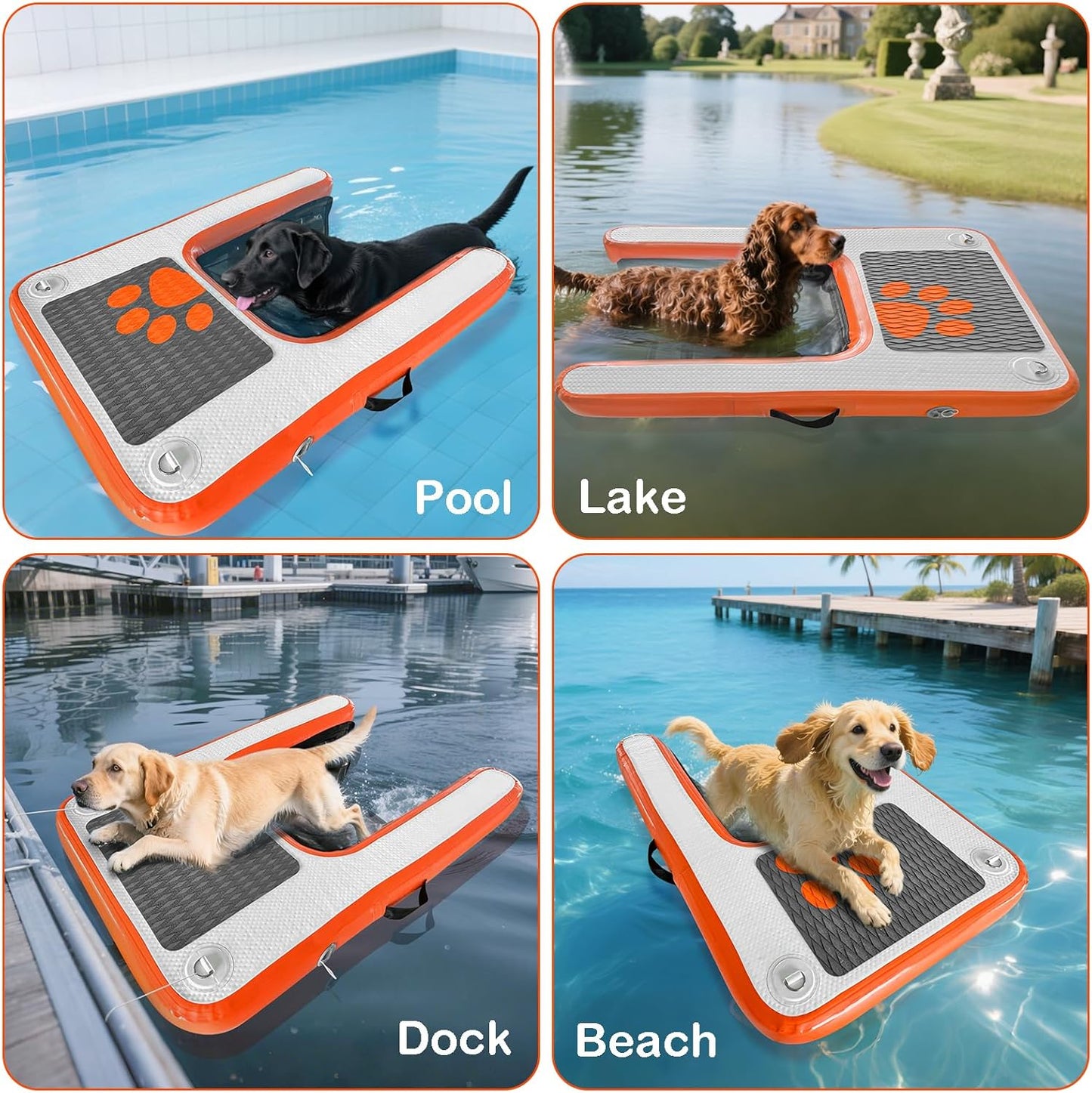 Non-Slip Floating Dog Water Ramp Ladder, Inflatable Puppy Dock Platform for Pool Lake Boat, Holds Up to 180LBS